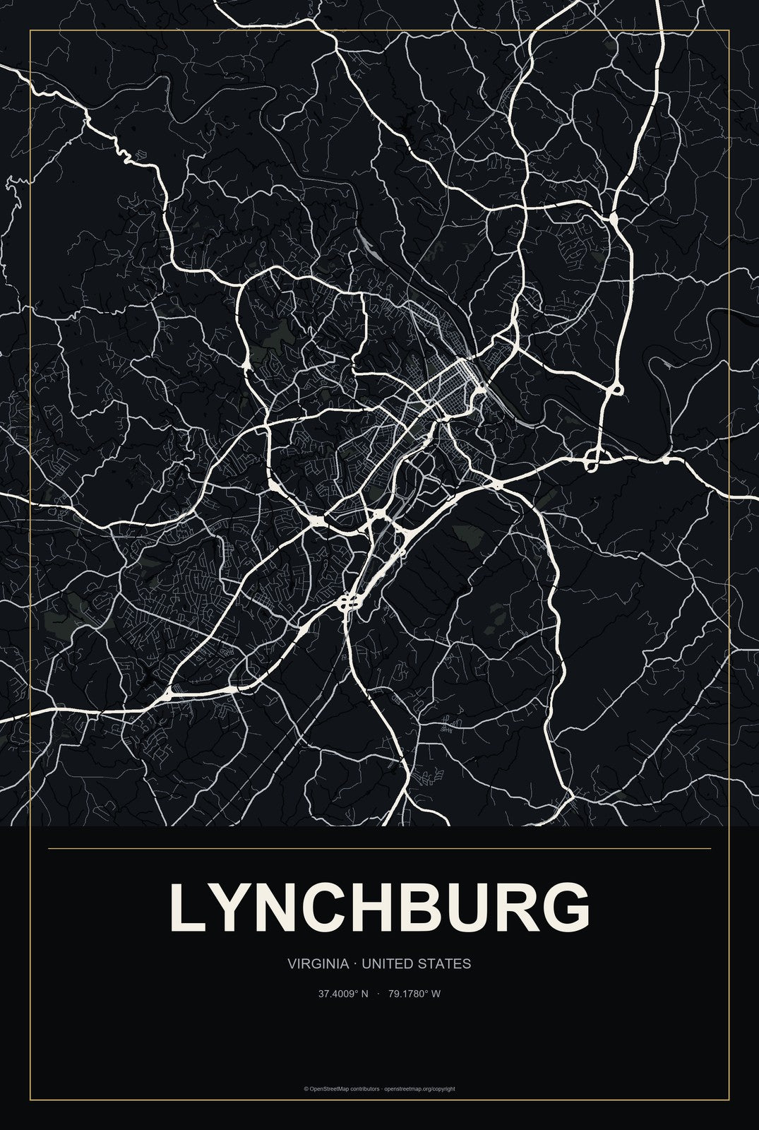 Lynchburg, Virginia City Map Aluminum Sign in Metropolitan Noir style