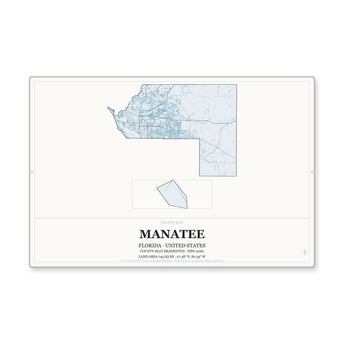 Manatee County, Florida Map Aluminum Sign in Gallery Air style