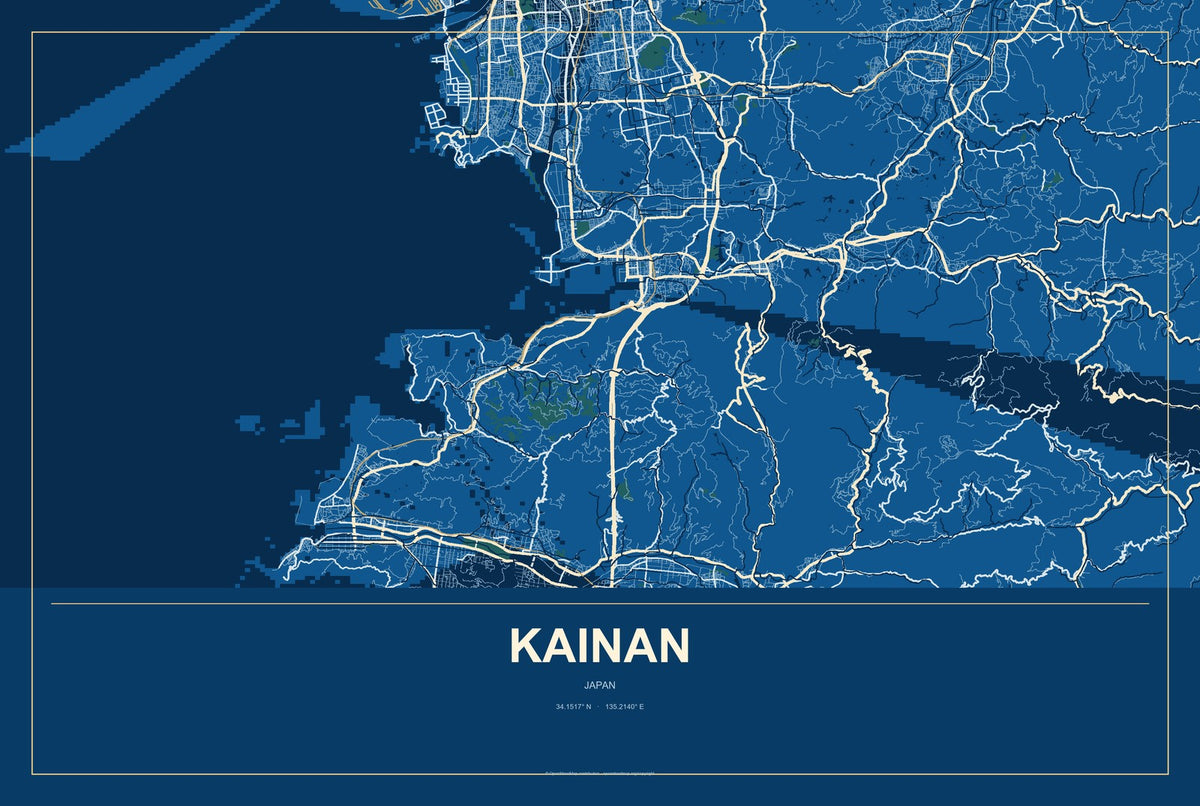 Kainan, Japan City Map Aluminum Sign in Harbor Cobalt style