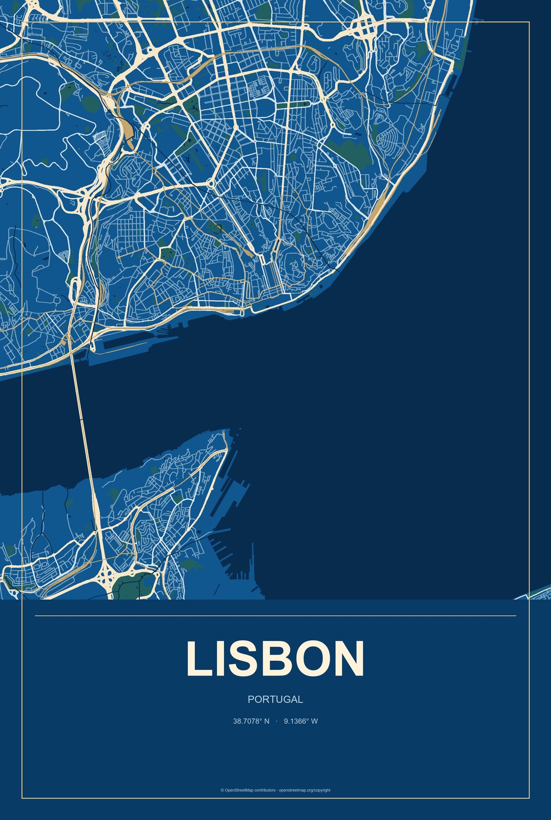 Lisbon, Portugal City Map Aluminum Sign in Harbor Cobalt style