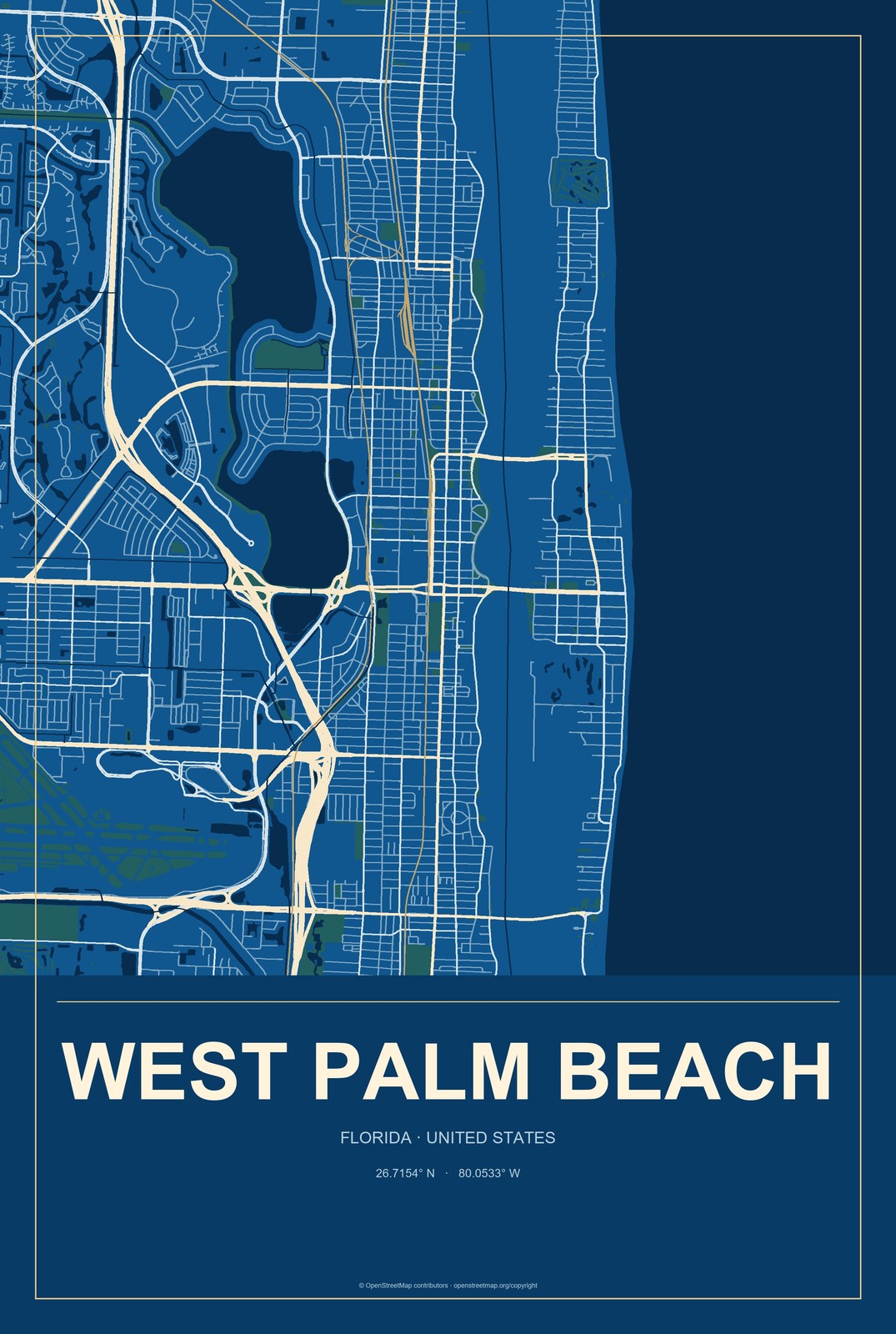 West Palm Beach, Florida City Map Aluminum Sign in Harbor Cobalt style