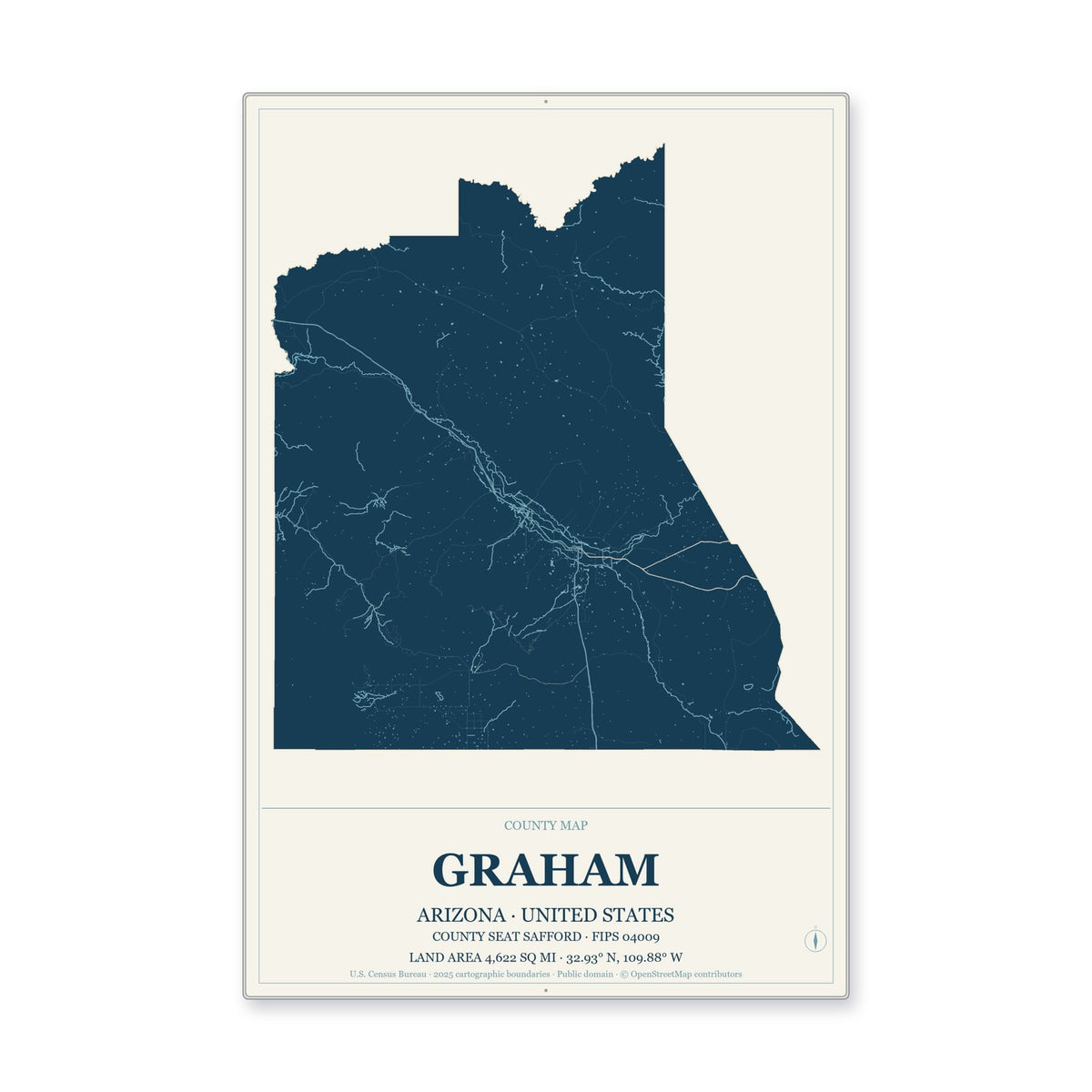 Graham County, Arizona Map Aluminum Sign in Coastal Cutout style