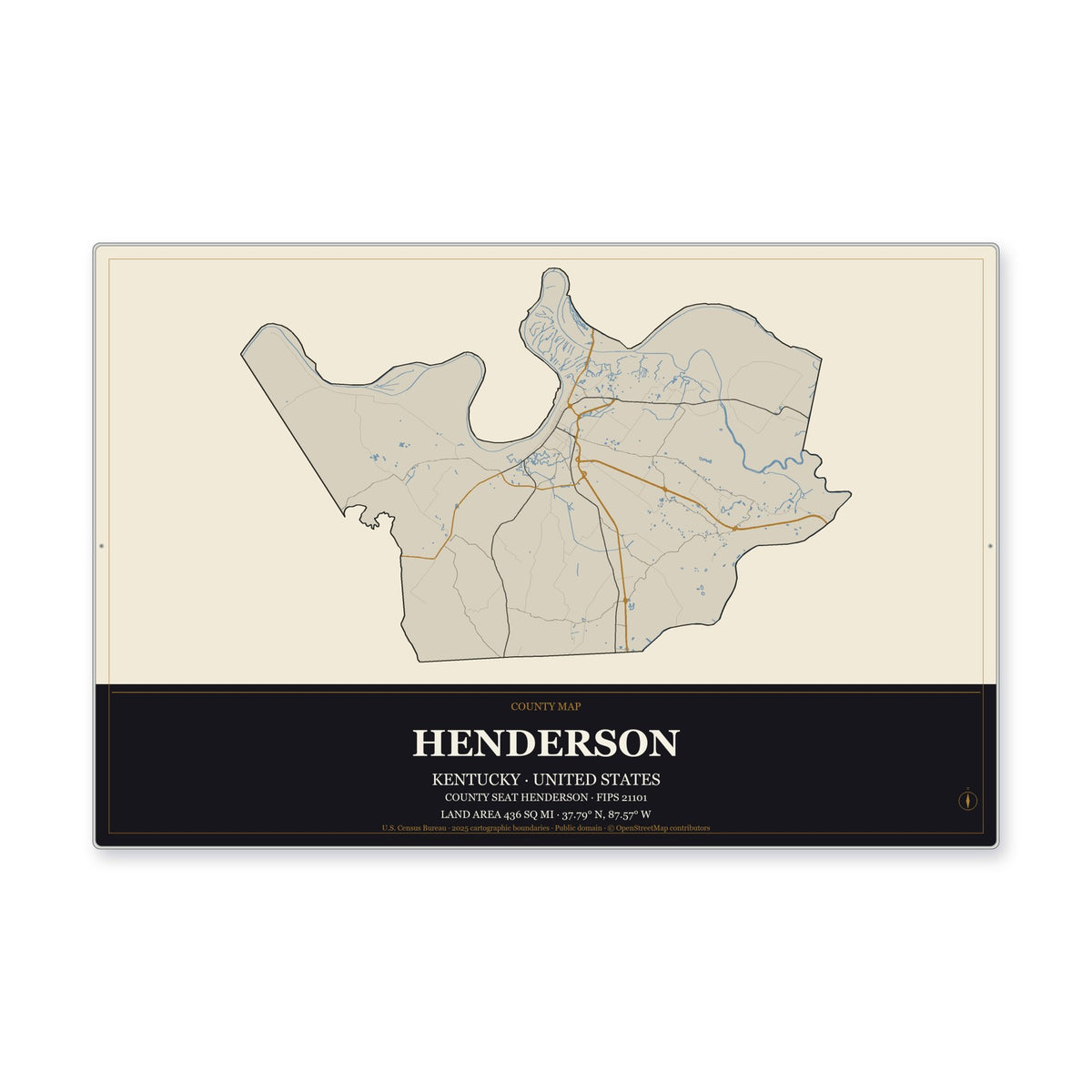 Henderson County, Kentucky Map Aluminum Sign in Museum Plaque style