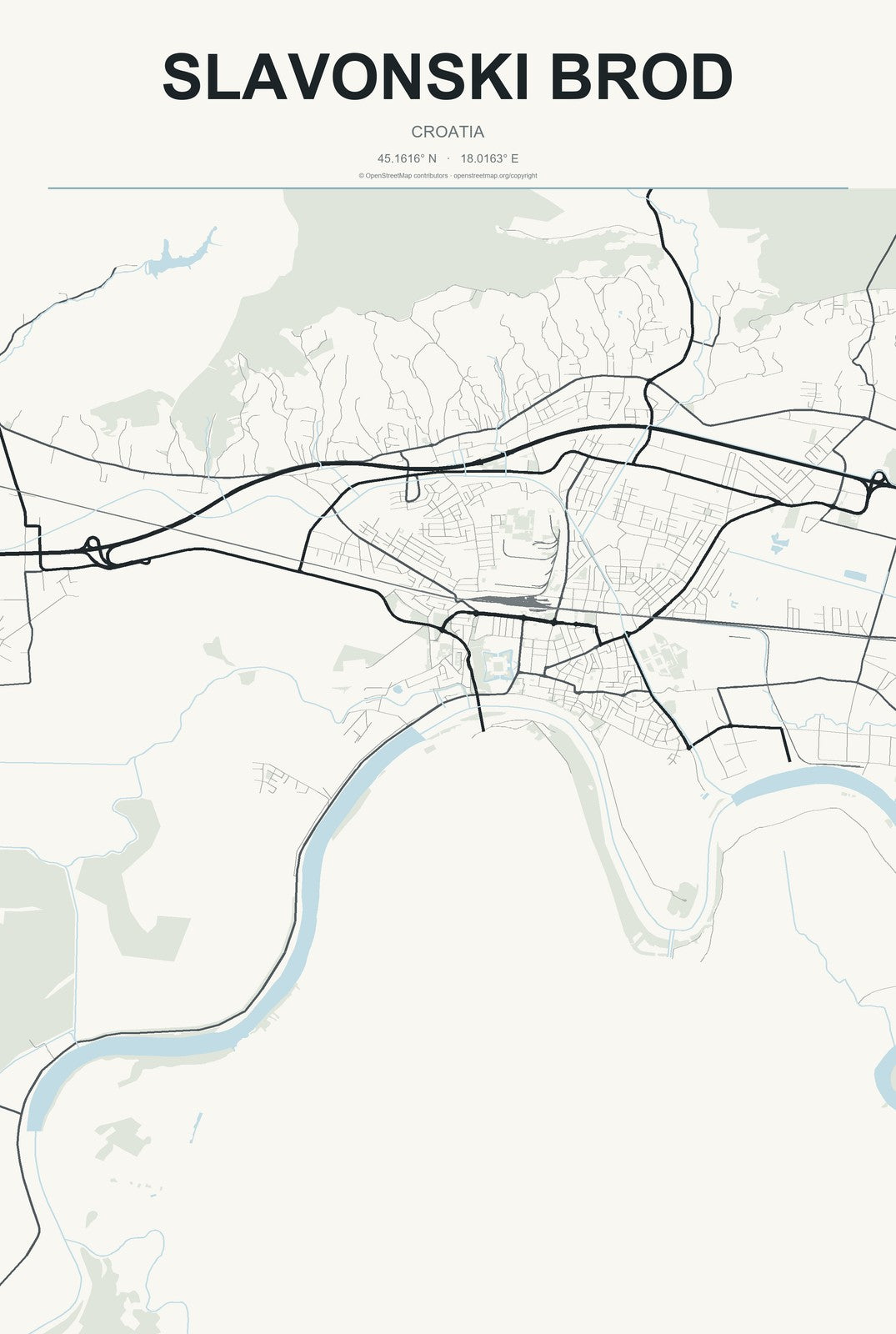 Slavonski Brod, Croatia City Map Aluminum Sign in Headline Atlas style