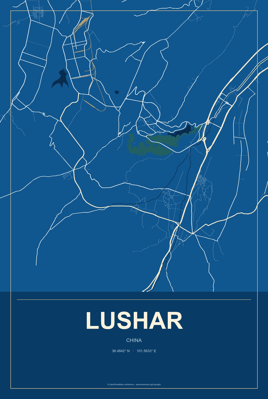 Lushar, China City Map Aluminum Sign in Harbor Cobalt style