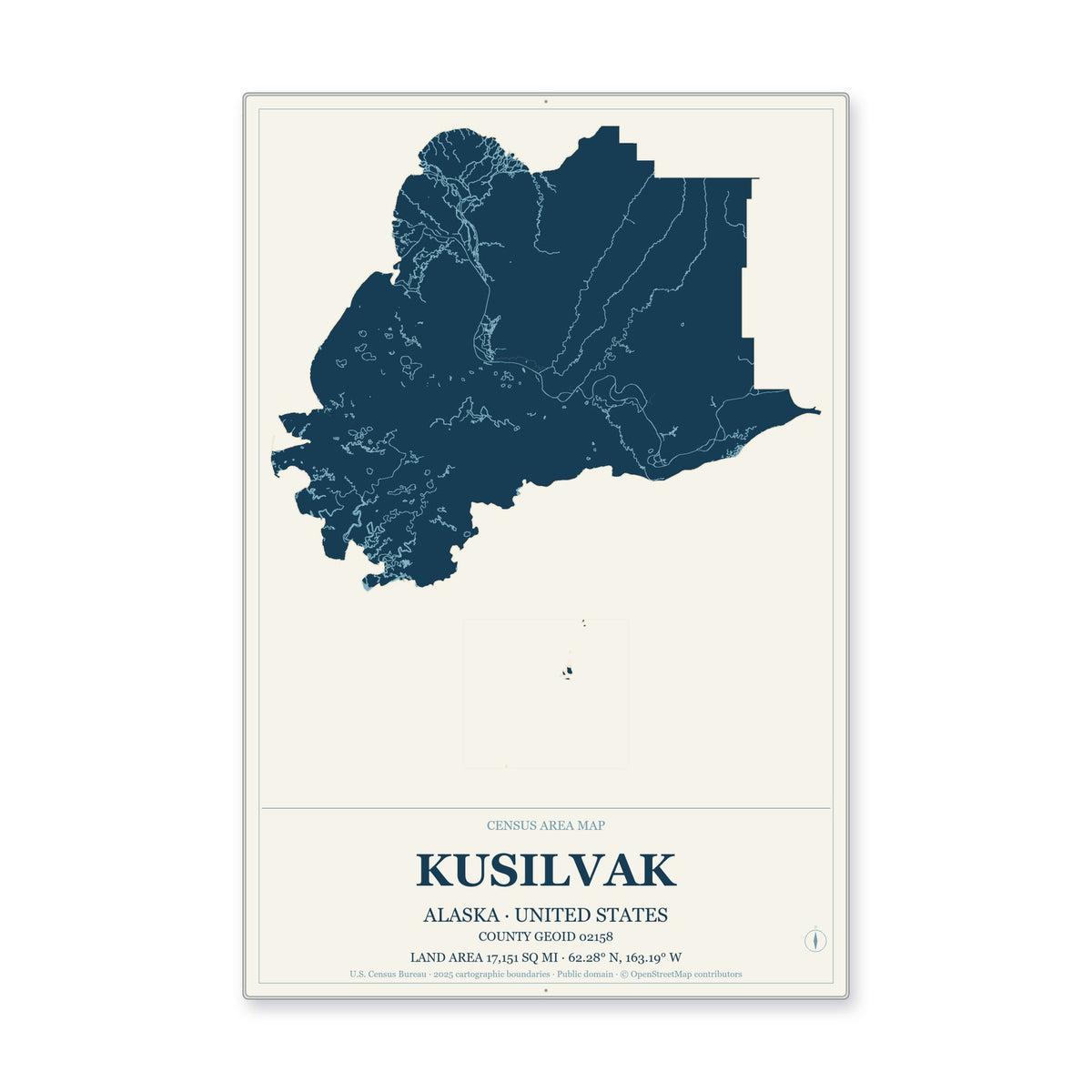 Kusilvak Census Area, Alaska Map Aluminum Sign in Coastal Cutout style