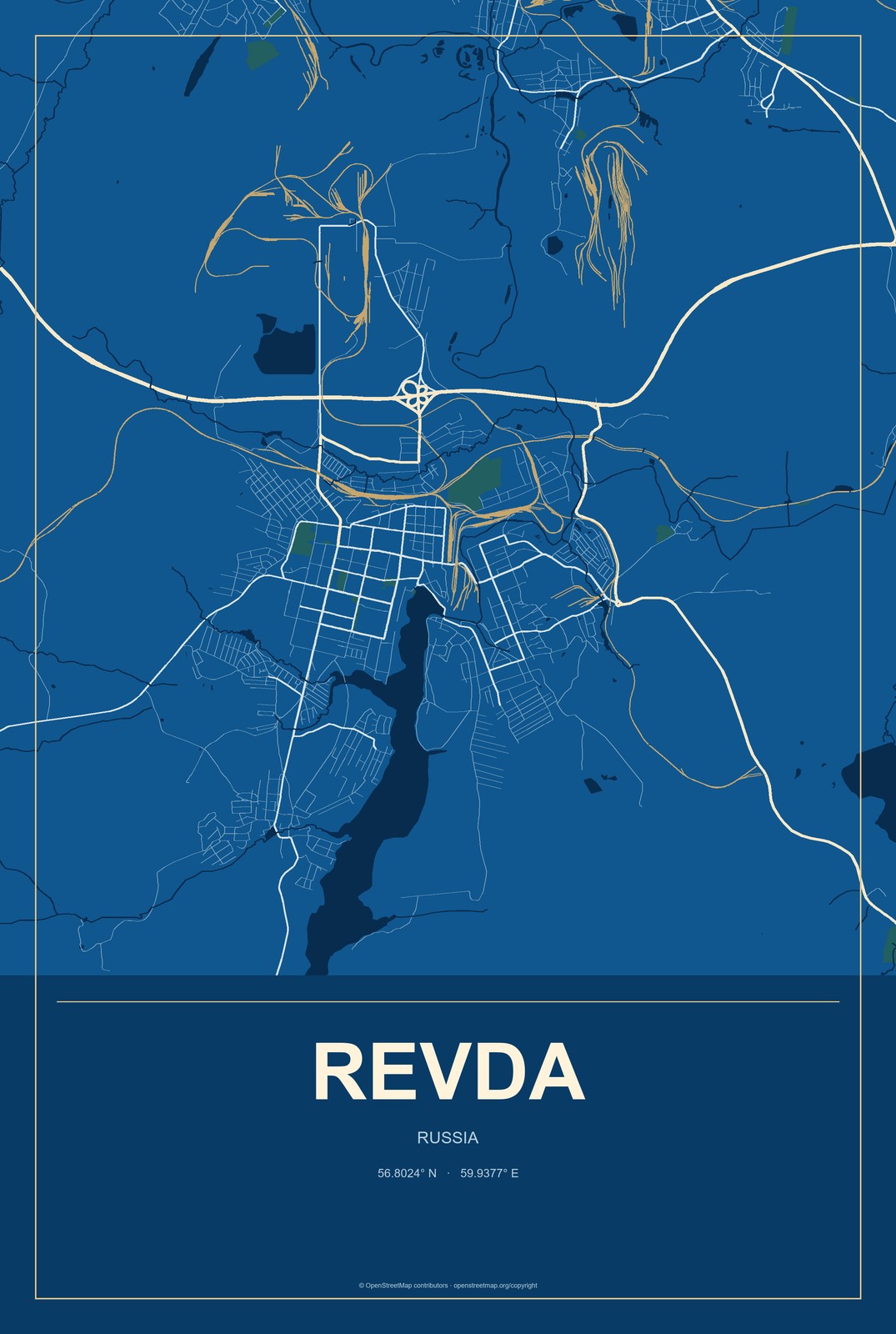 Revda, Russia City Map Aluminum Sign in Harbor Cobalt style