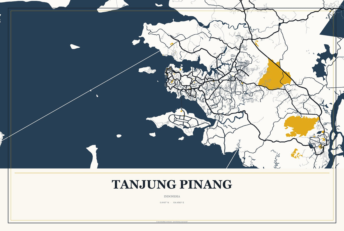 Tanjung Pinang, Indonesia City Map Aluminum Sign in Citrine Modern style