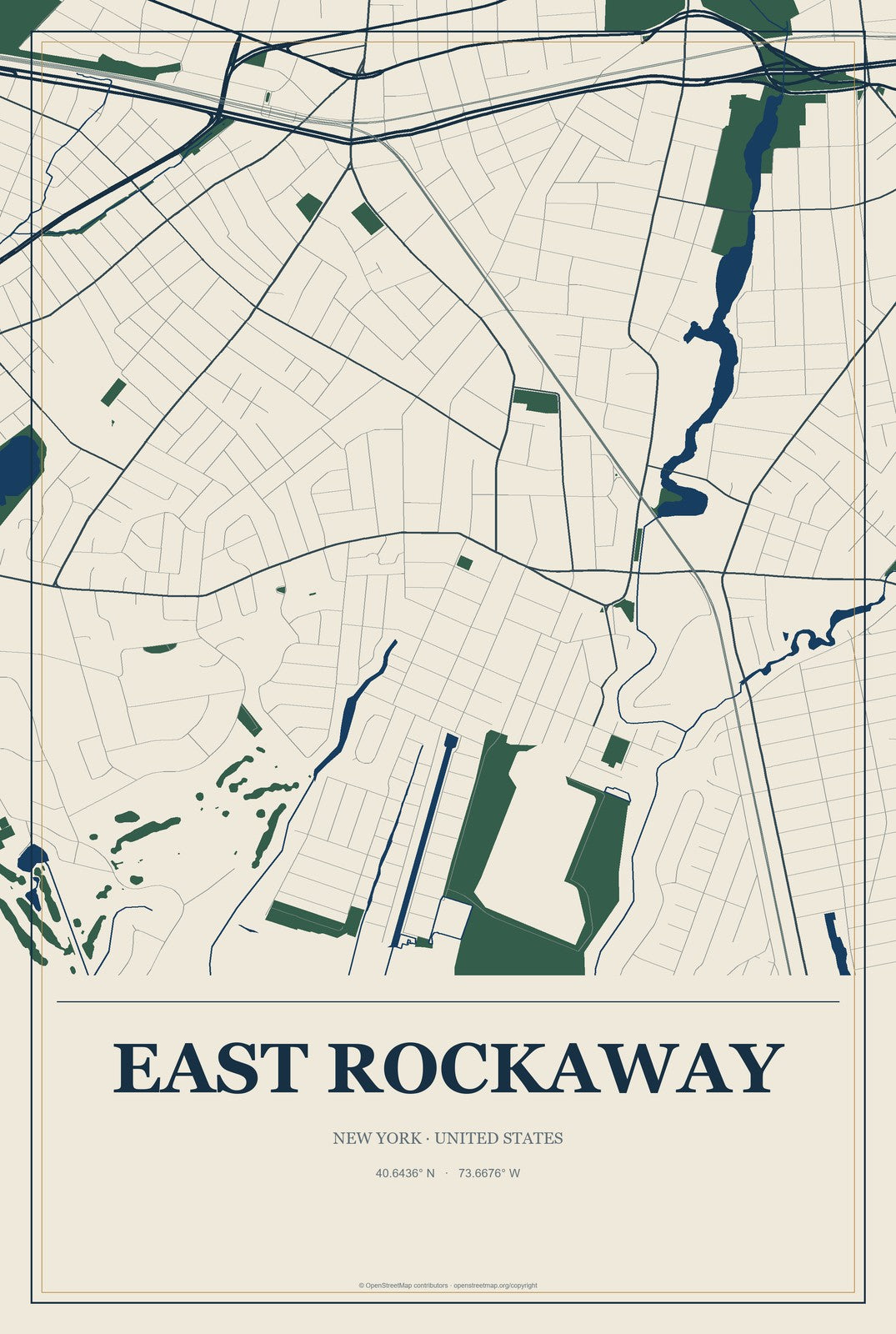 East Rockaway, New York City Map Aluminum Sign in Coastal Cutout style
