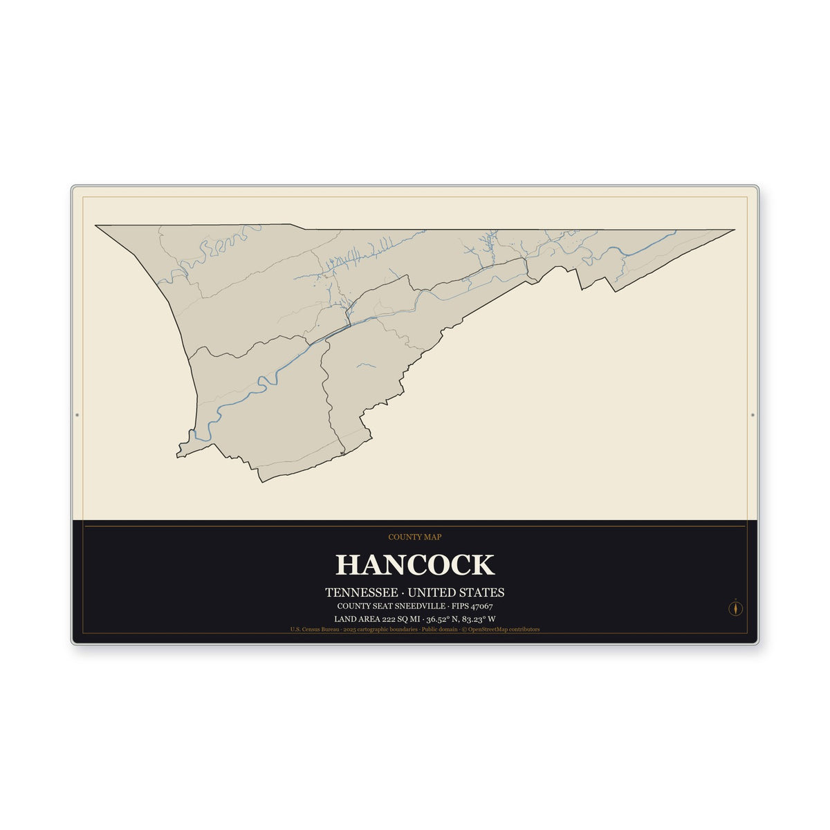 Hancock County, Tennessee Map Aluminum Sign in Museum Plaque style