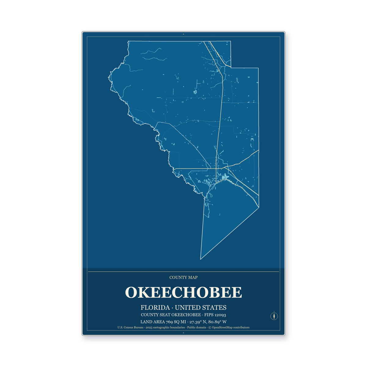 Okeechobee County, Florida Map Aluminum Sign in Harbor Cobalt style