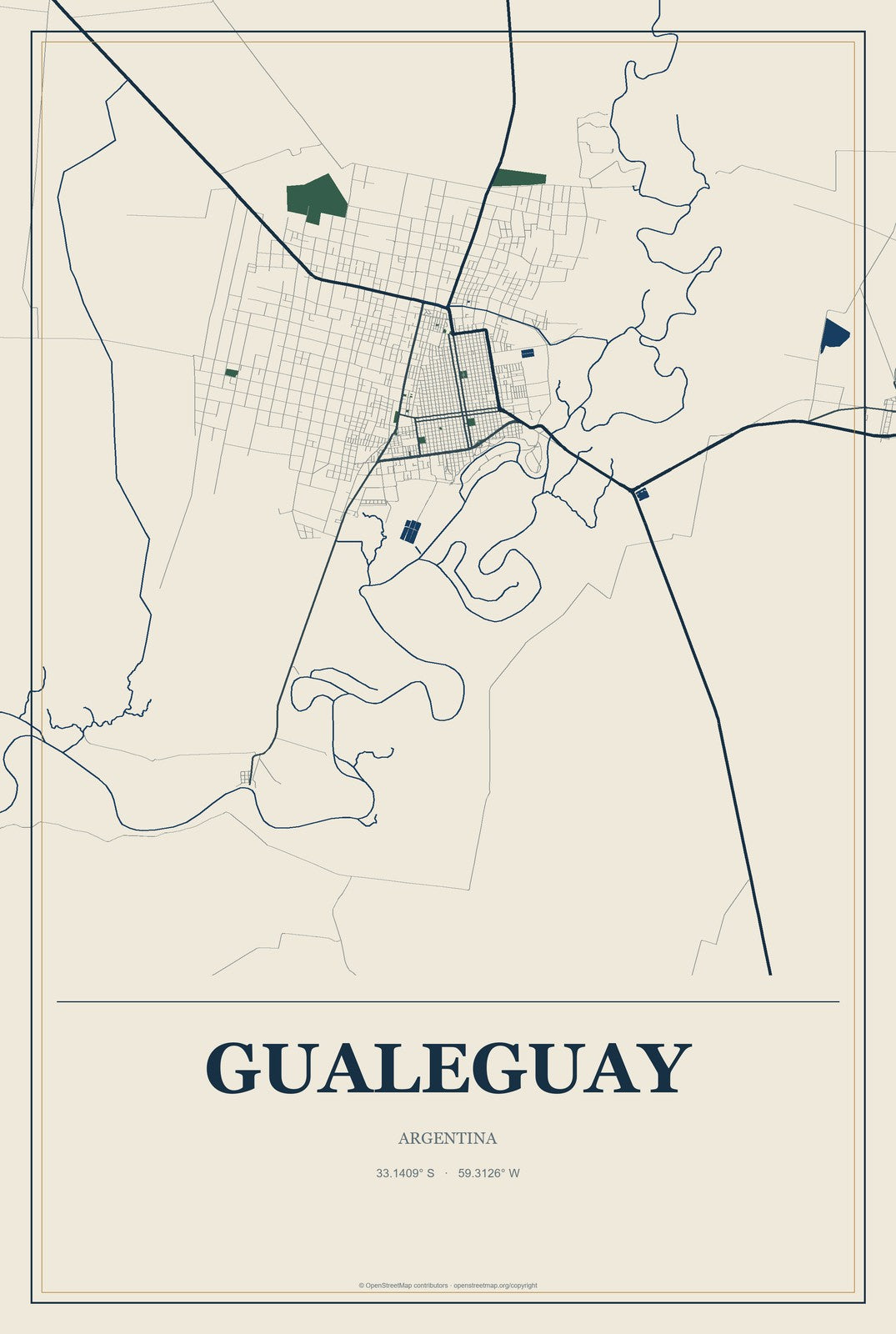 Gualeguay, Argentina City Map Aluminum Sign in Coastal Cutout style