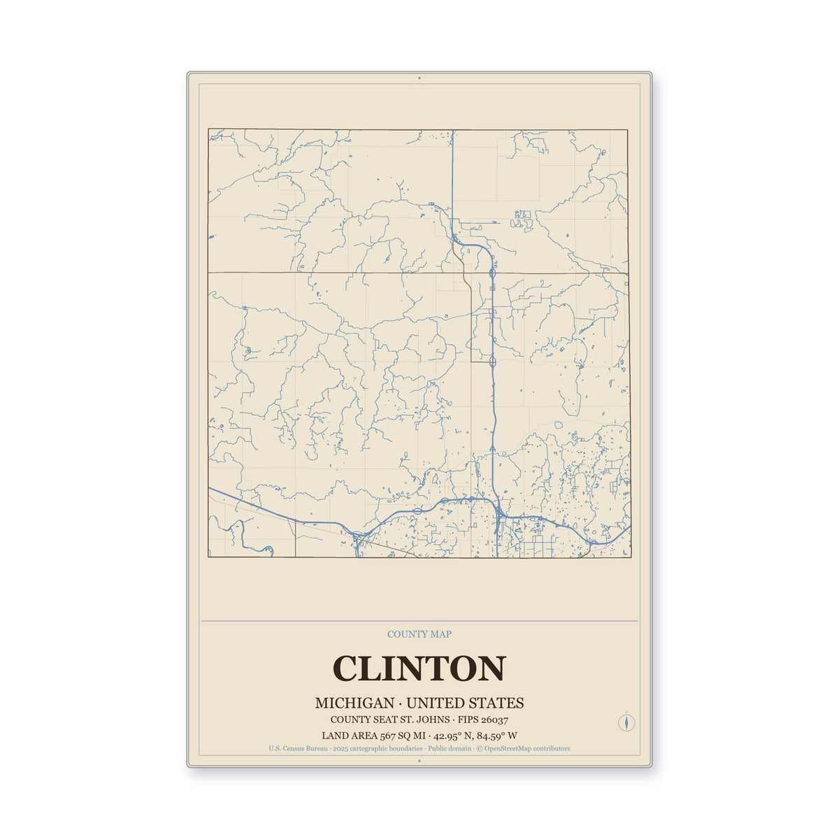 Clinton County, Michigan Map Aluminum Sign in Heritage Nautical style