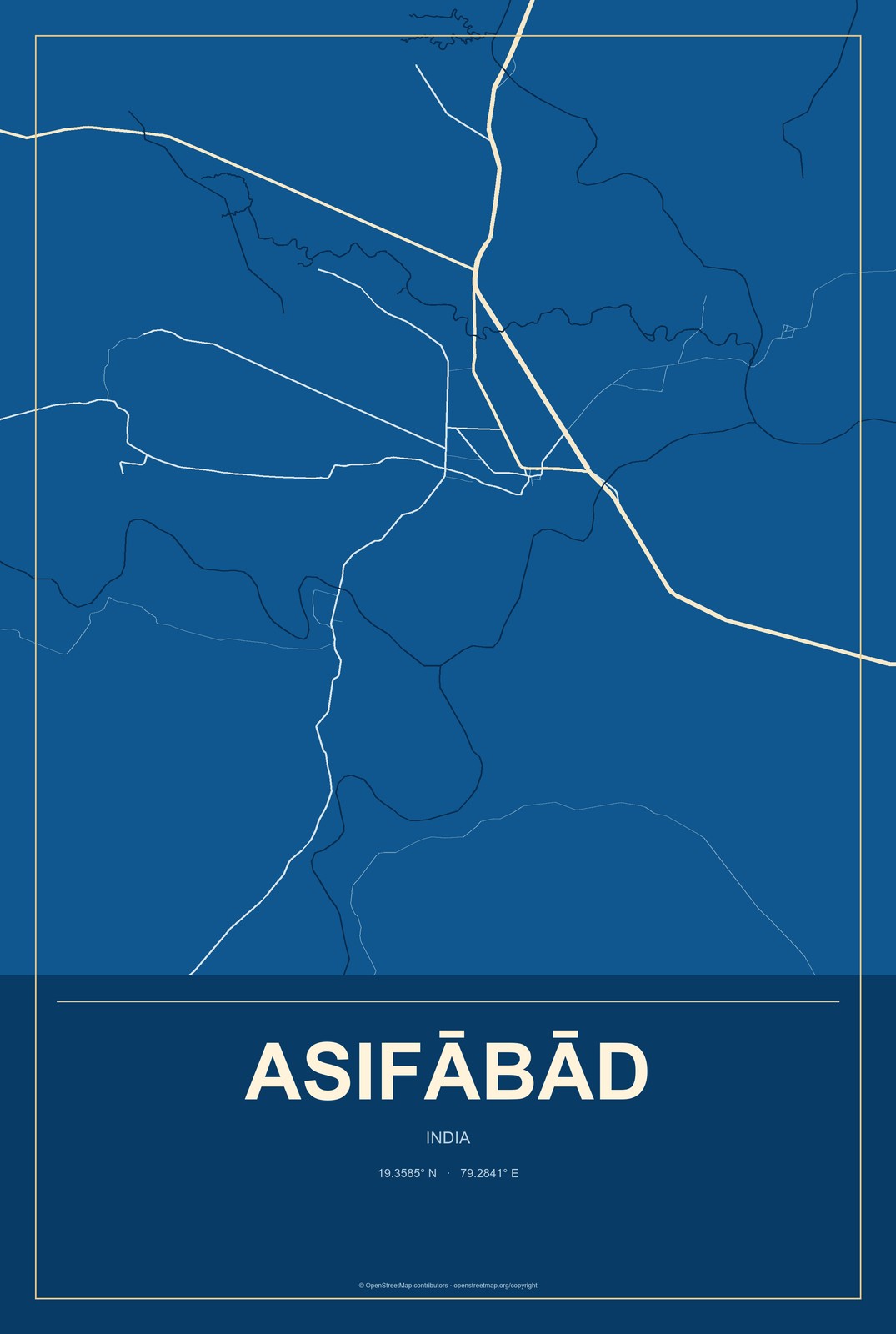 Asifābād, India City Map Aluminum Sign in Harbor Cobalt style