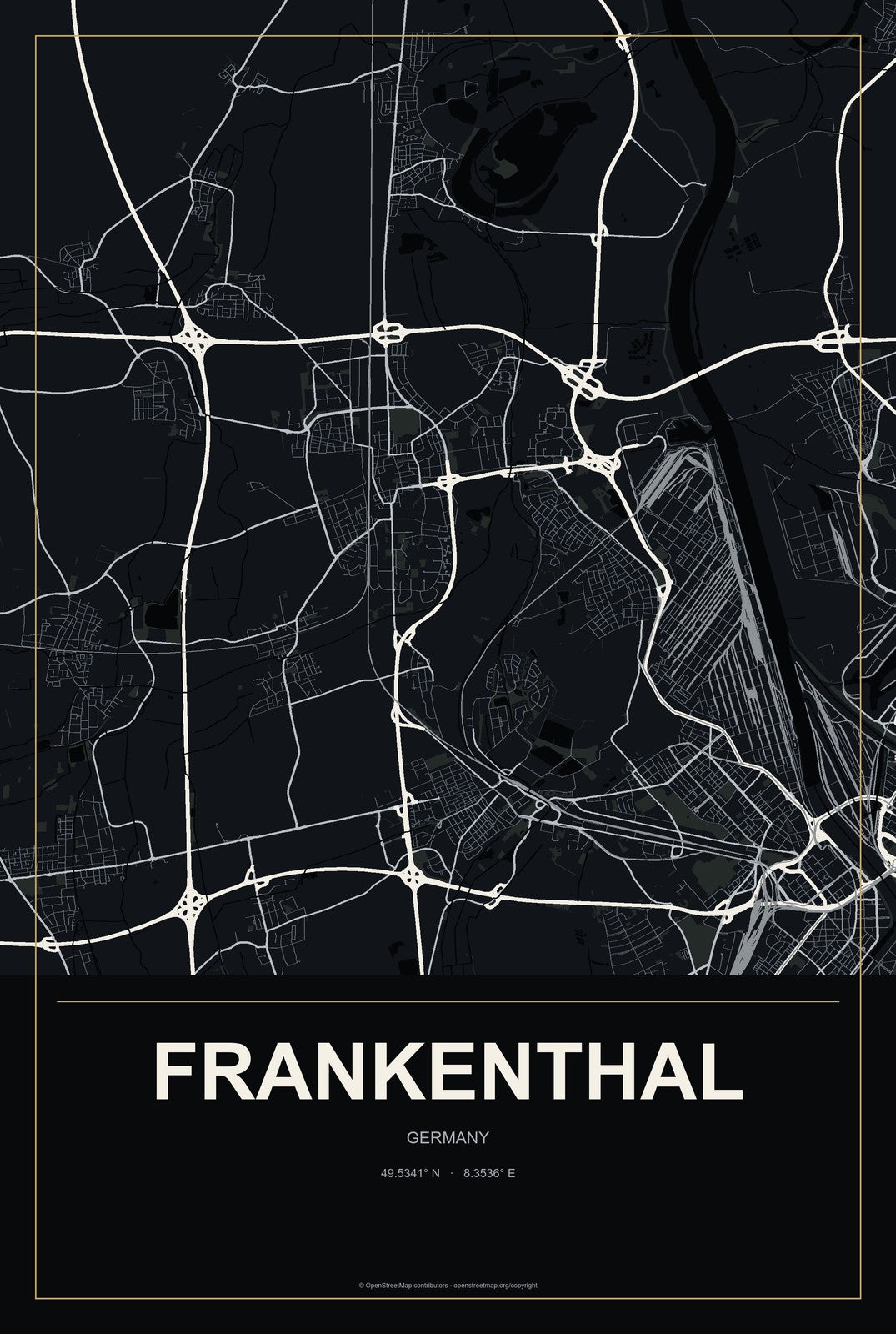 Frankenthal, Germany City Map Aluminum Sign in Metropolitan Noir style