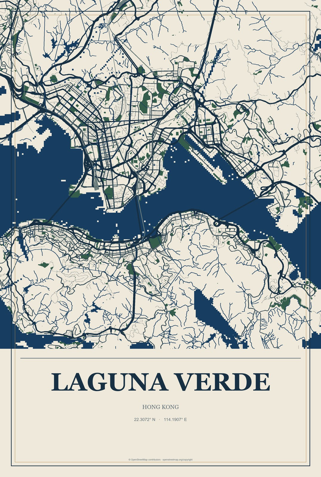 Laguna Verde, Hong Kong City Map Aluminum Sign in Coastal Cutout style