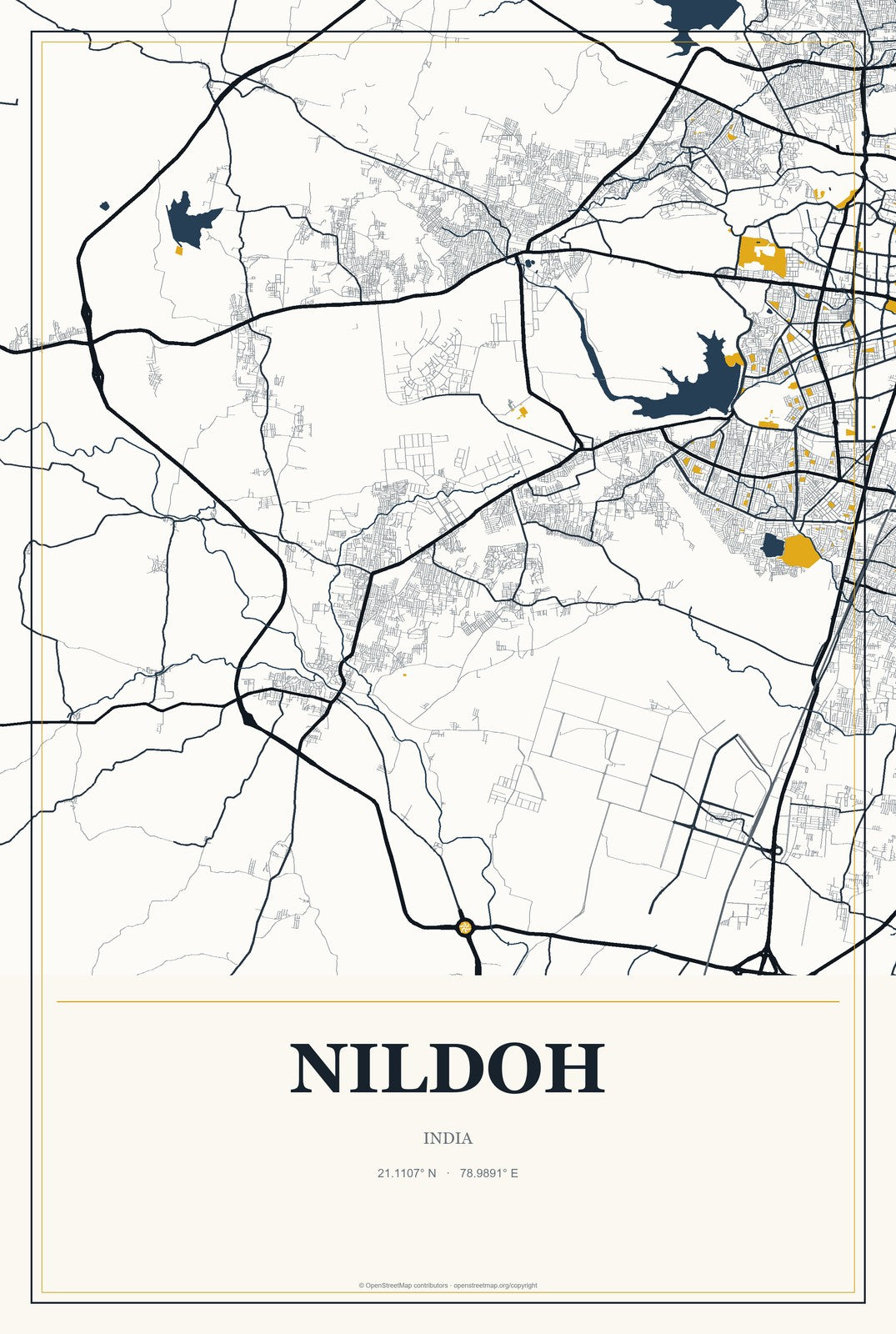 Nildoh, India City Map Aluminum Sign in Citrine Modern style