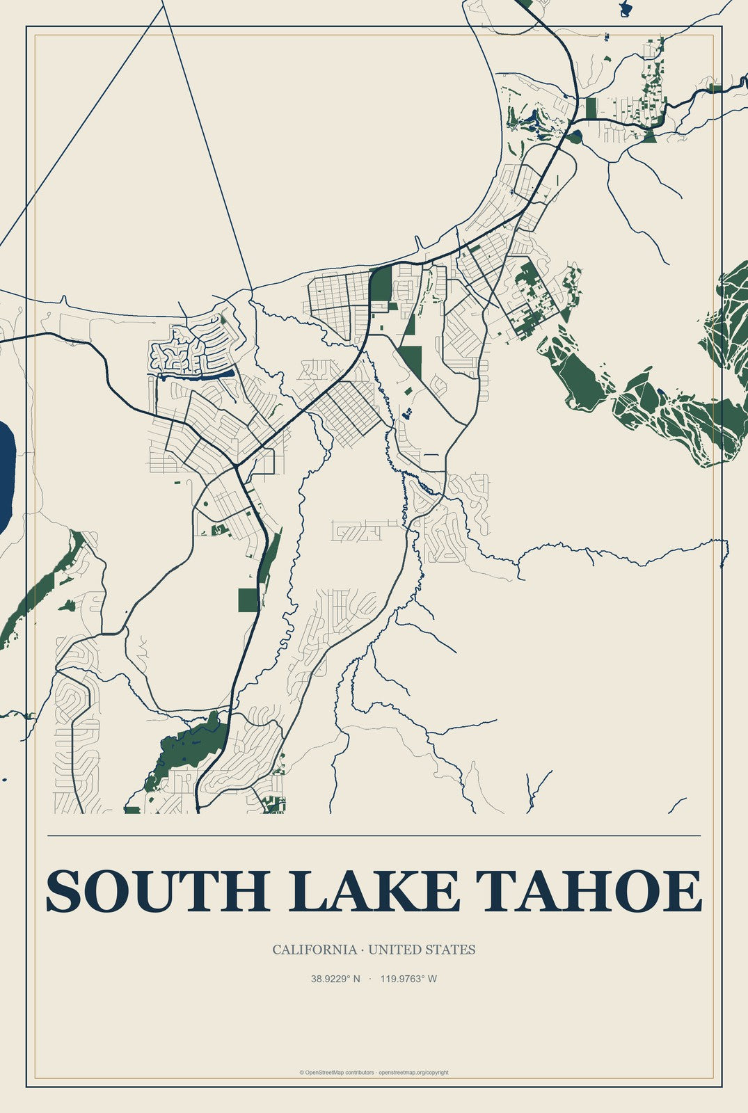 South Lake Tahoe, California City Map Aluminum Sign in Coastal Cutout style