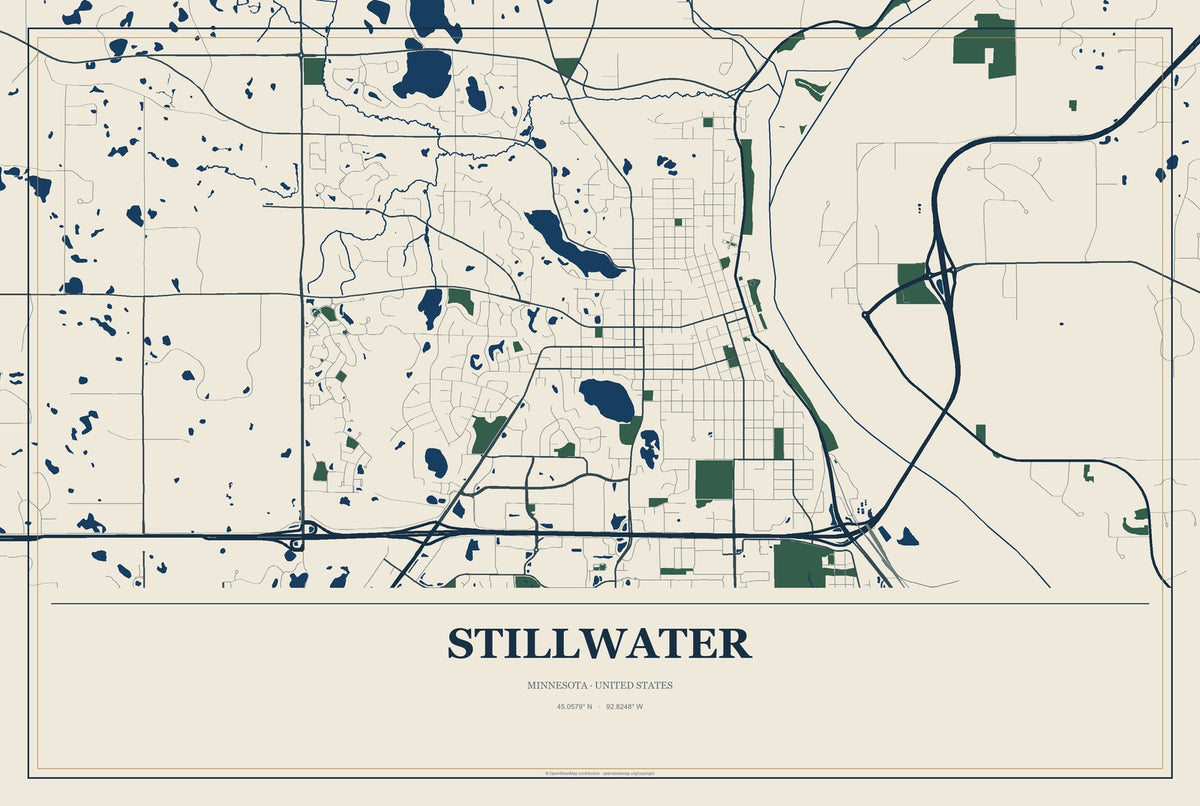 Stillwater, Minnesota City Map Aluminum Sign in Coastal Cutout style