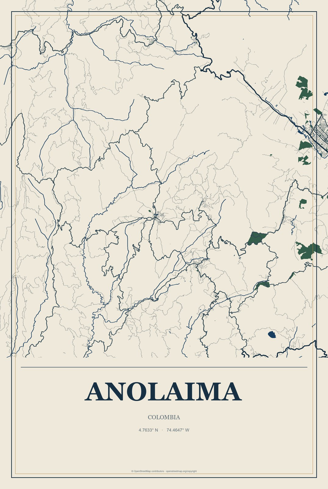 Anolaima, Colombia City Map Aluminum Sign in Coastal Cutout style