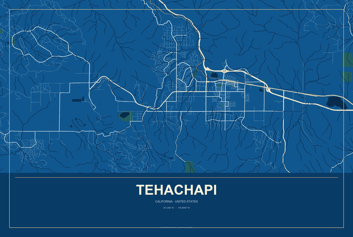 Tehachapi, California City Map Aluminum Sign in Harbor Cobalt style