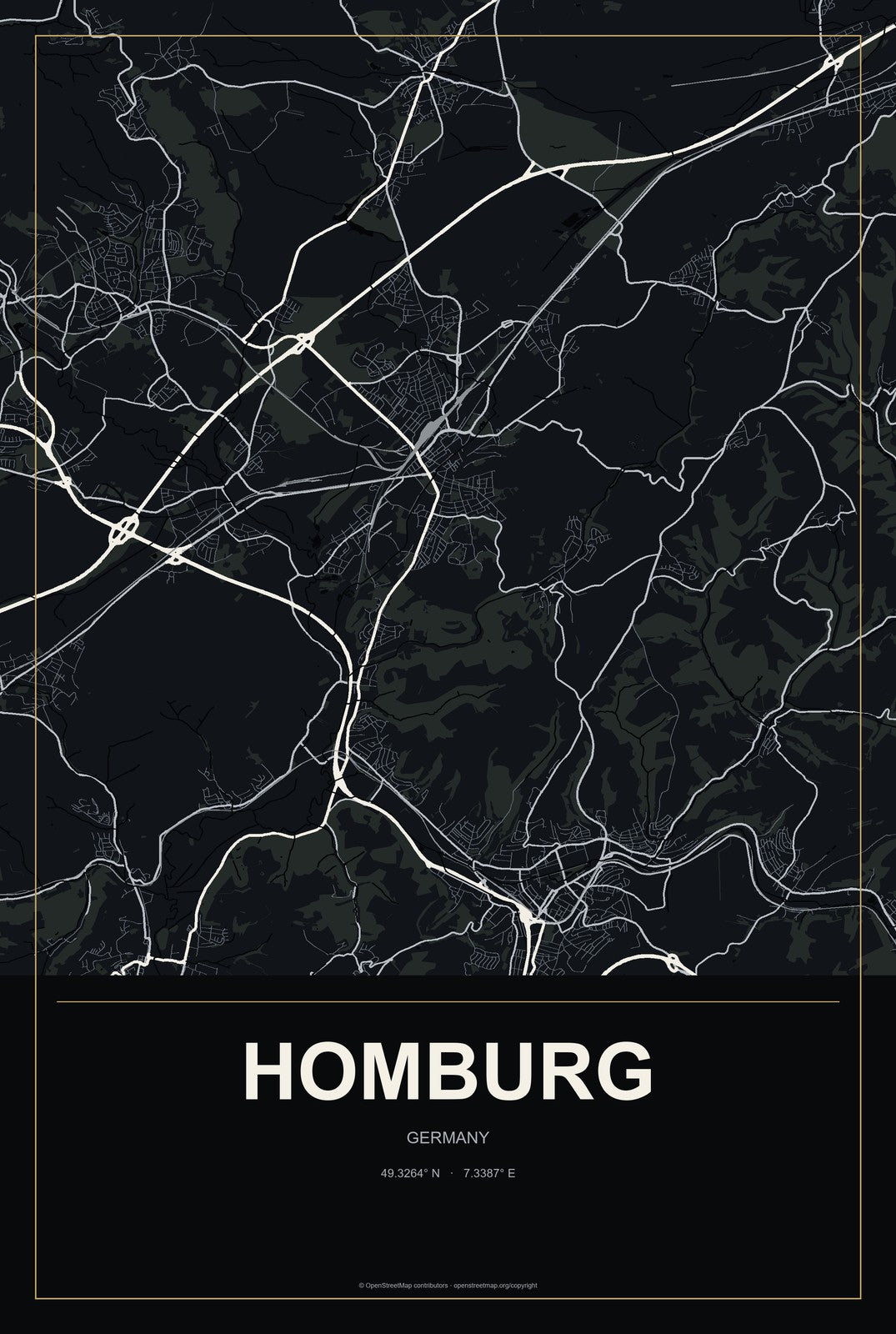 Homburg, Germany City Map Aluminum Sign in Metropolitan Noir style