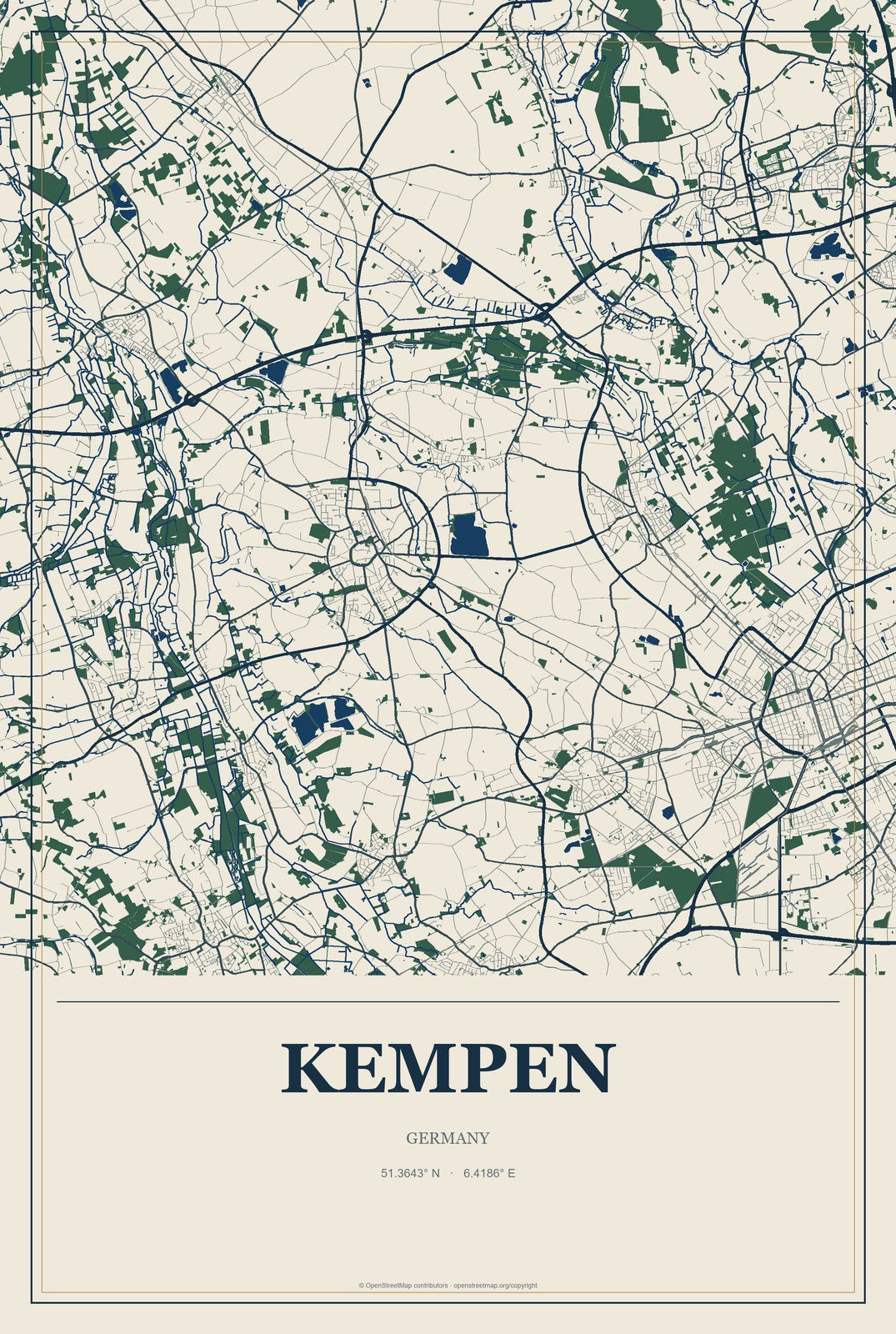 Kempen, Germany City Map Aluminum Sign in Coastal Cutout style