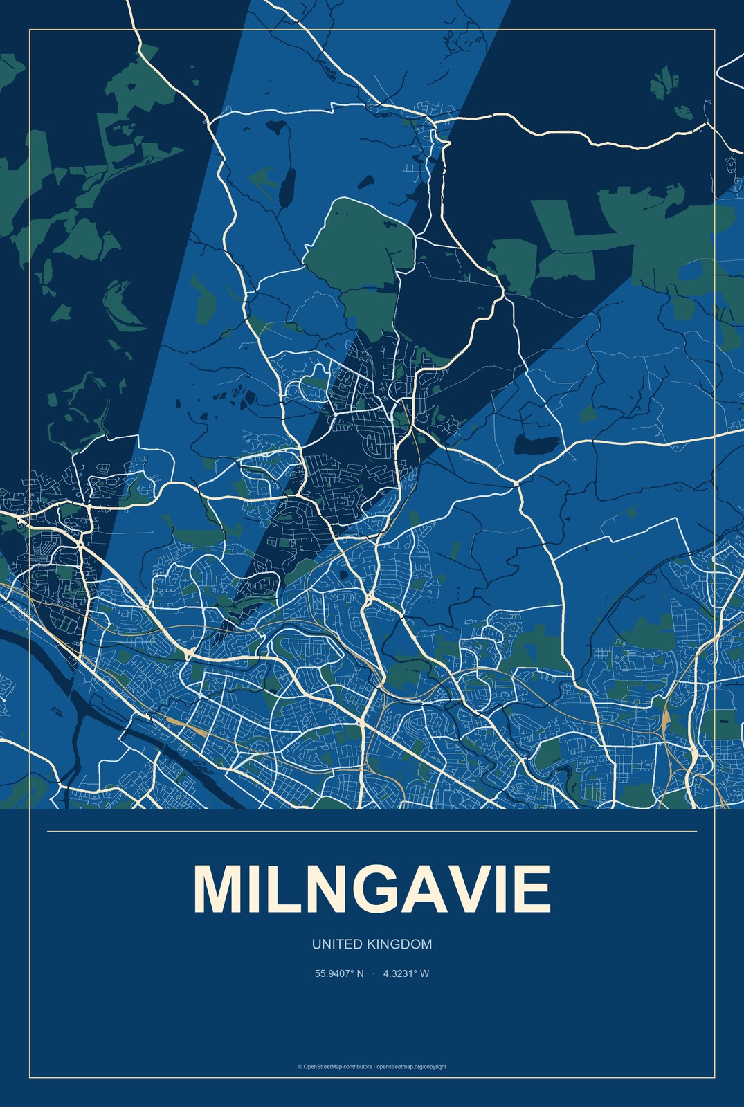 Milngavie, United Kingdom City Map Aluminum Sign in Harbor Cobalt style