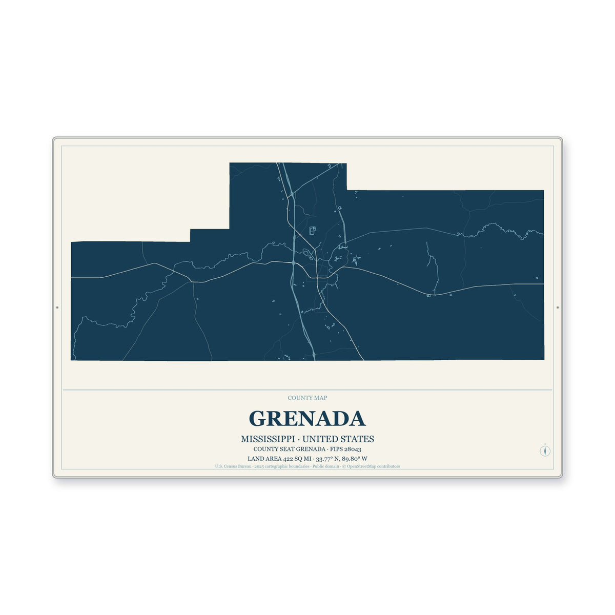 Grenada County, Mississippi Map Aluminum Sign in Coastal Cutout style