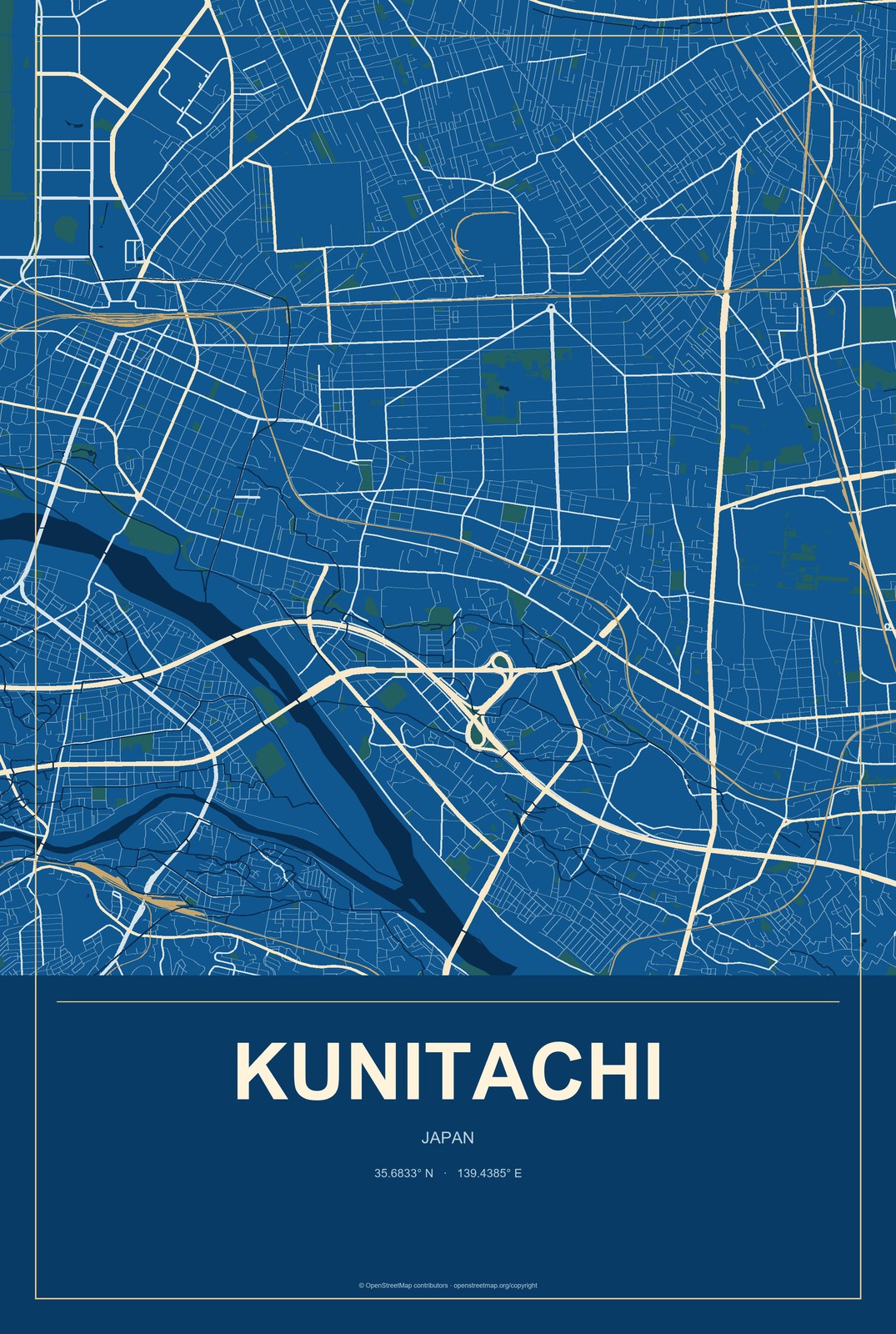 Kunitachi, Japan City Map Aluminum Sign in Harbor Cobalt style