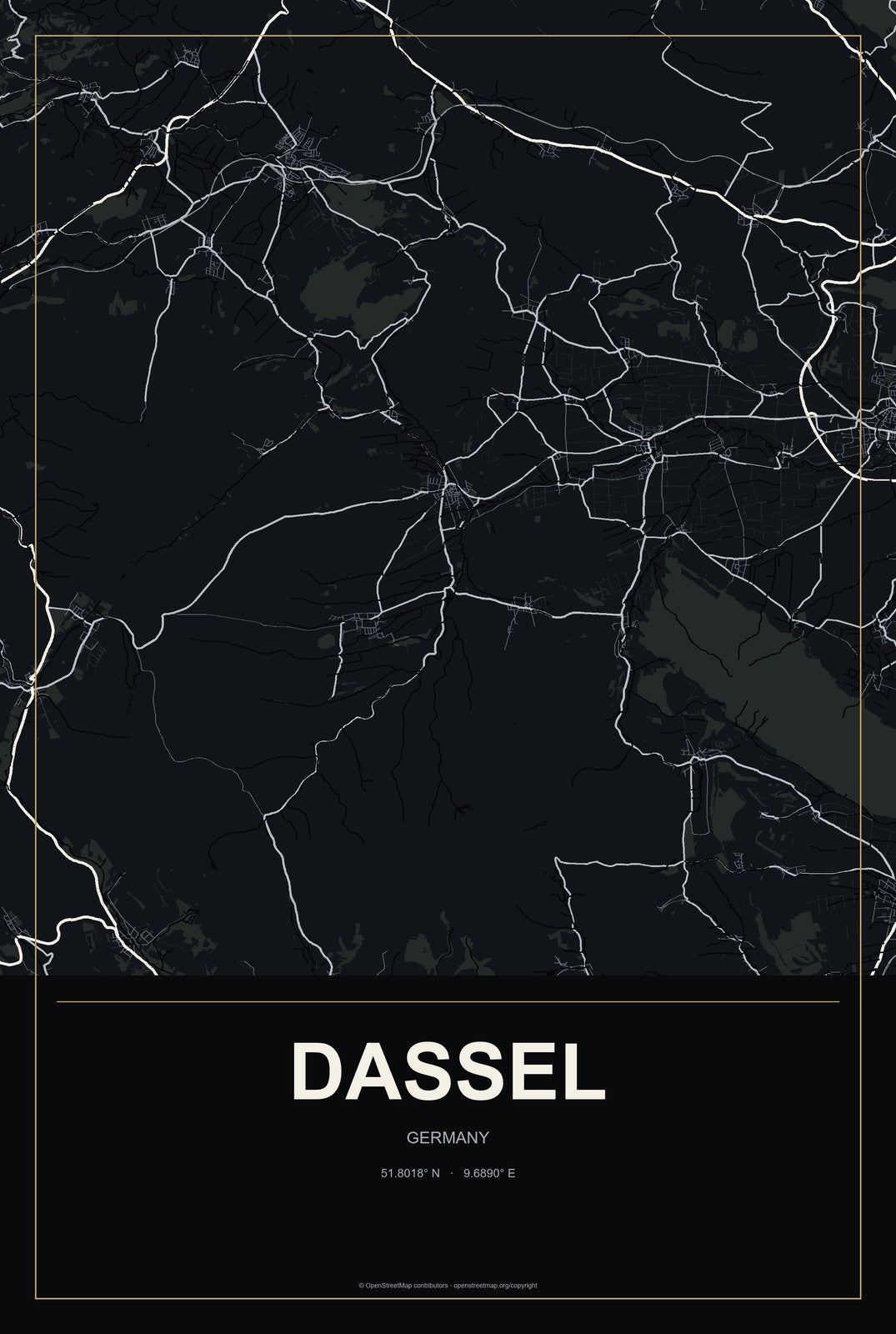 Dassel, Germany City Map Aluminum Sign in Metropolitan Noir style