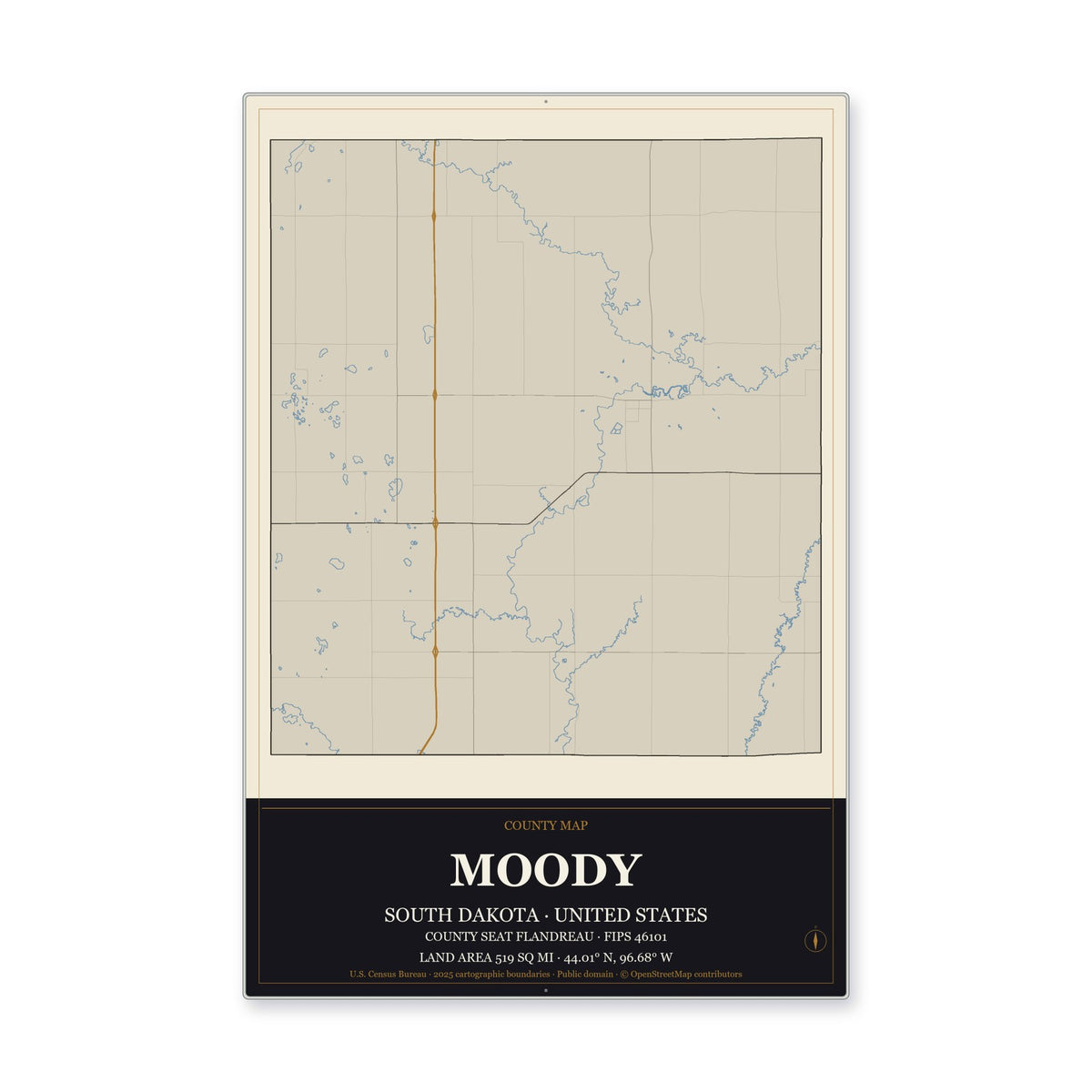Moody County, South Dakota Map Aluminum Sign in Museum Plaque style