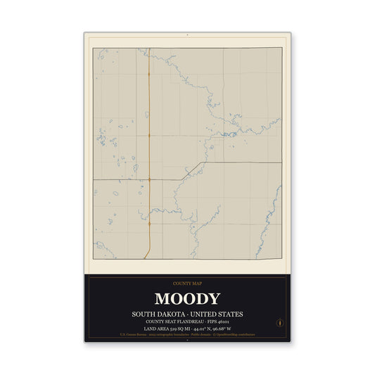 Moody County, South Dakota Map Aluminum Sign in Museum Plaque style
