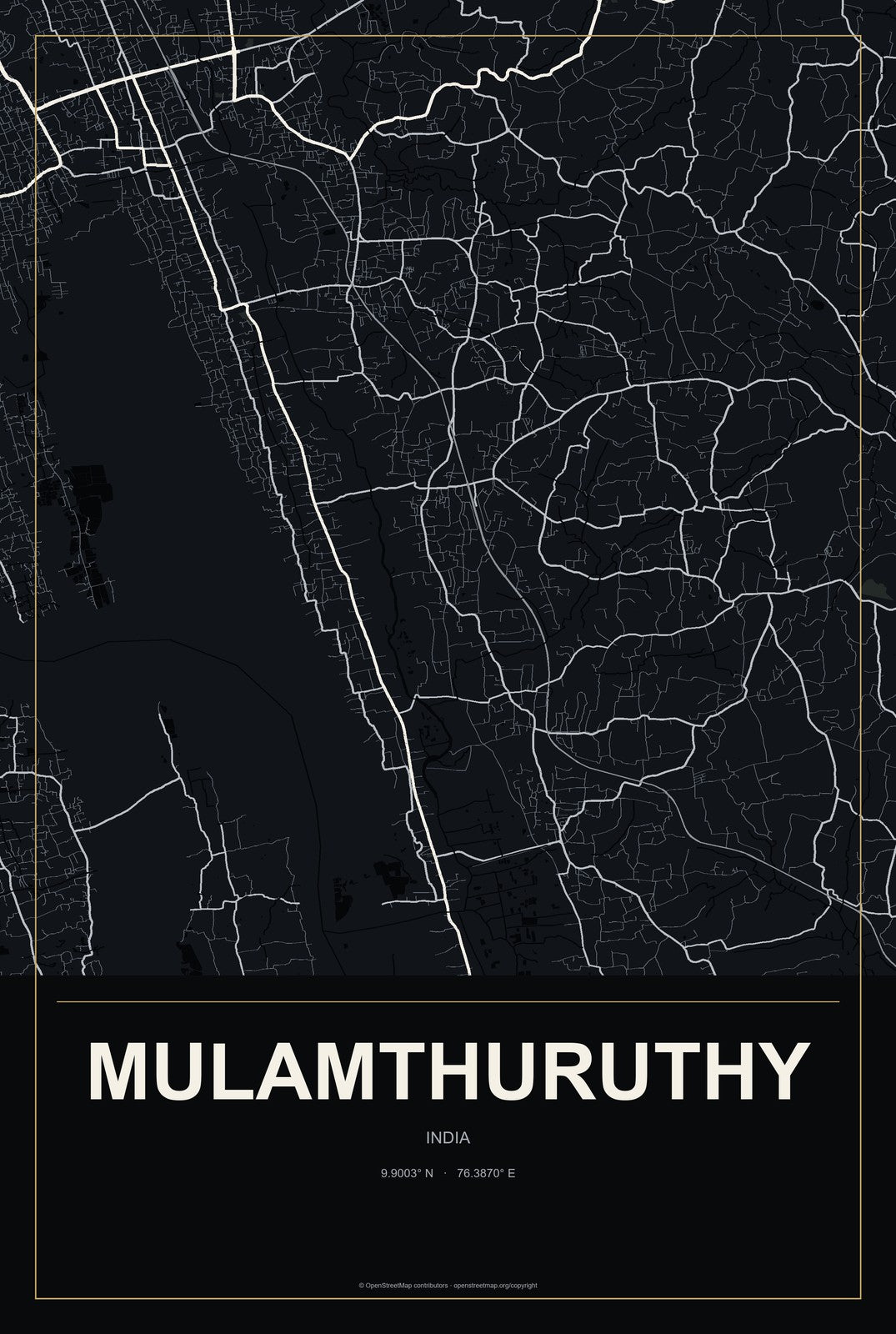 Mulamthuruthy, India City Map Aluminum Sign in Metropolitan Noir style