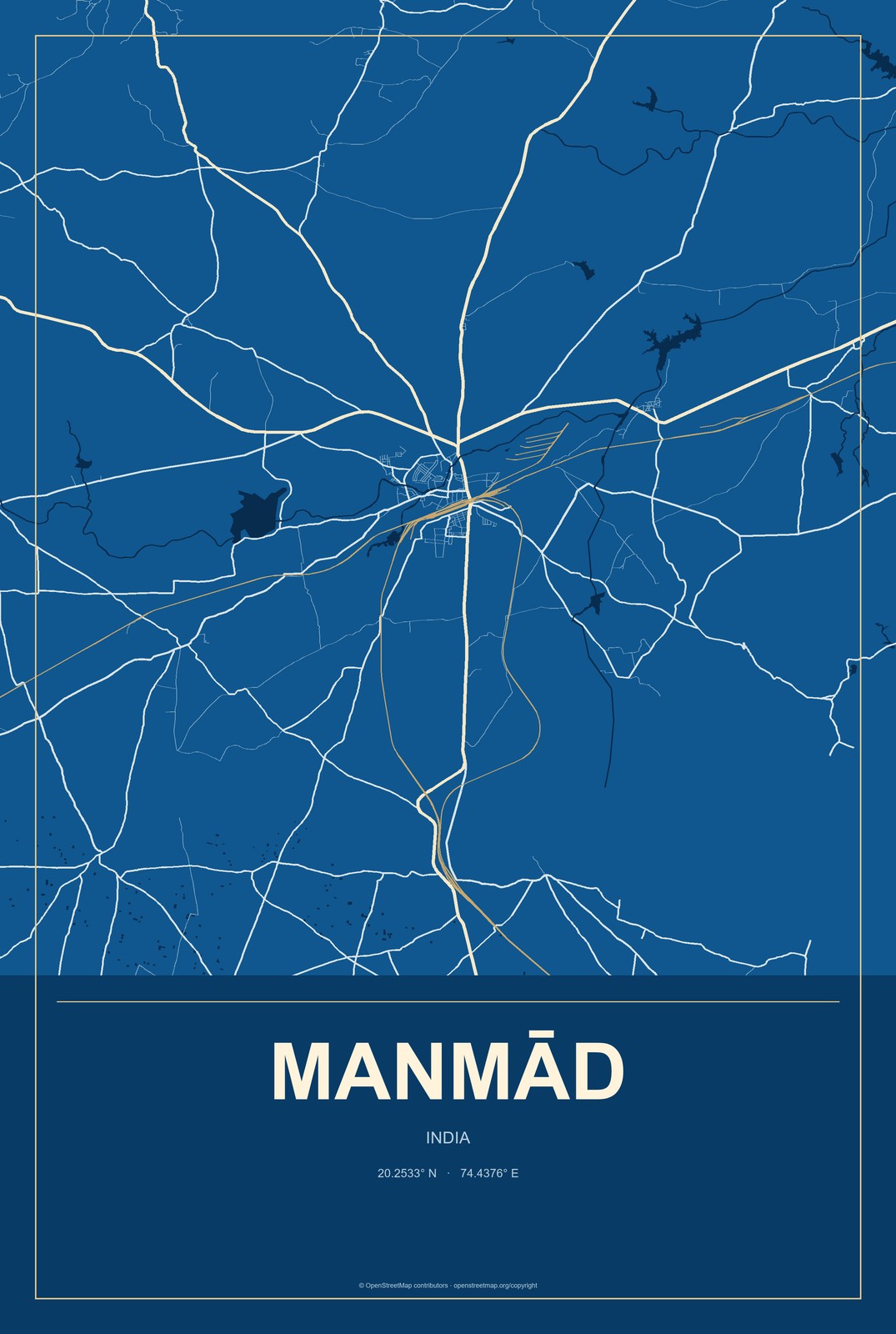 Manmād, India City Map Aluminum Sign in Harbor Cobalt style