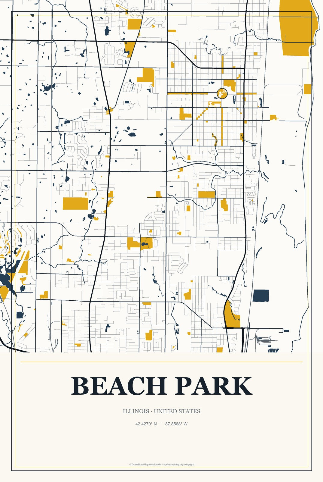 Beach Park, Illinois City Map Aluminum Sign in Citrine Modern style