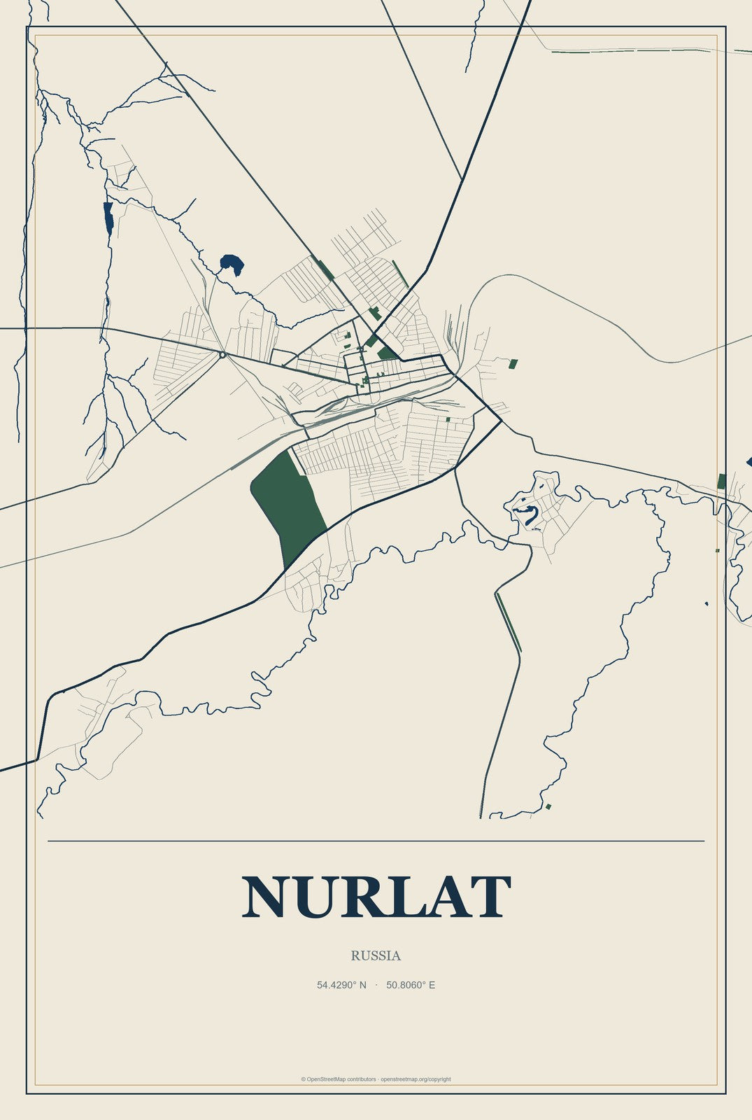 Nurlat, Russia City Map Aluminum Sign in Coastal Cutout style