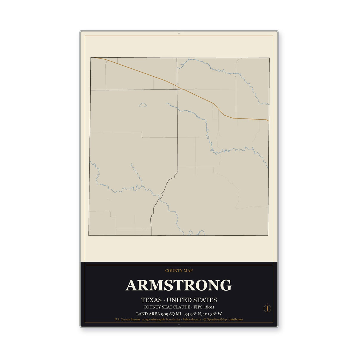 Armstrong County, Texas Map Aluminum Sign in Museum Plaque style