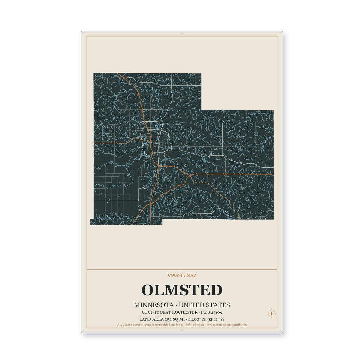 Olmsted County, Minnesota Map Aluminum Sign in Headline Atlas style