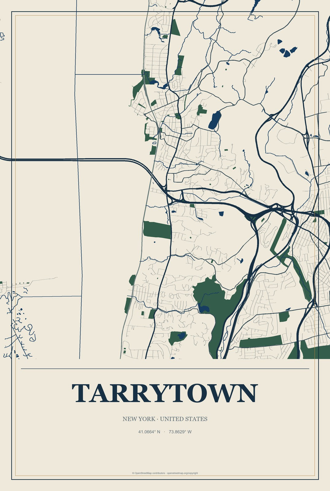 Tarrytown, New York City Map Aluminum Sign in Coastal Cutout style