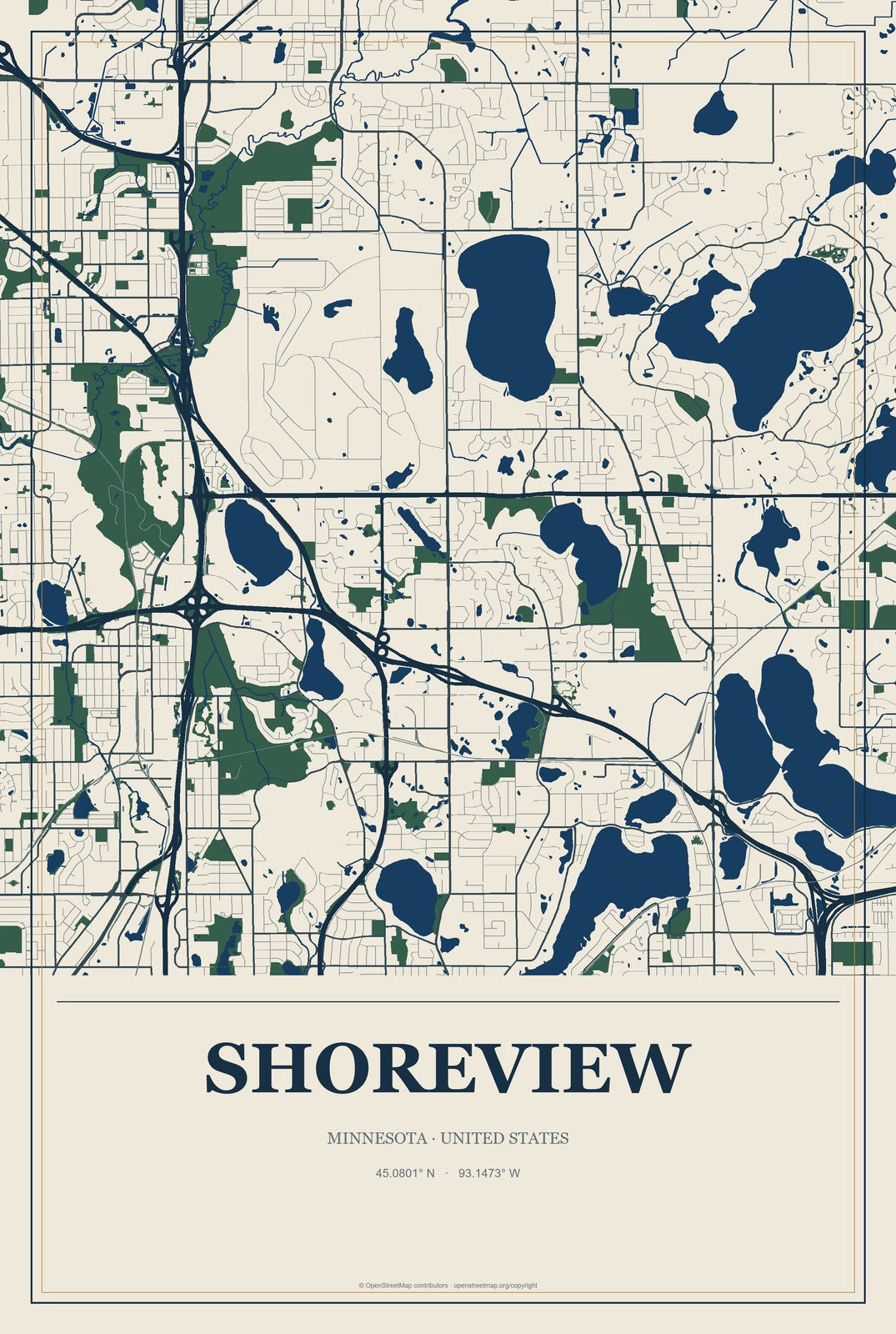 Shoreview, Minnesota City Map Aluminum Sign in Coastal Cutout style