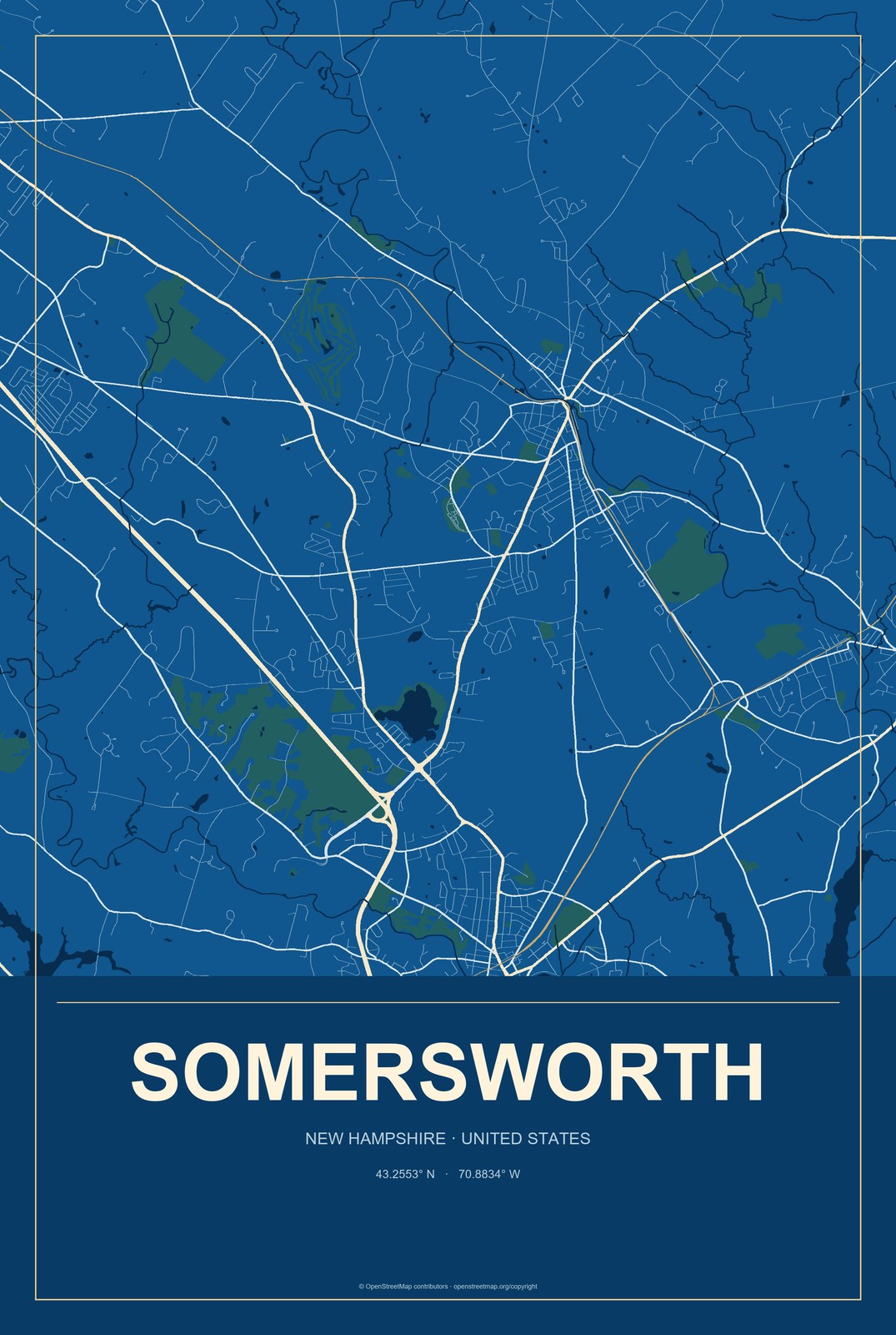 Somersworth, New Hampshire City Map Aluminum Sign in Harbor Cobalt style