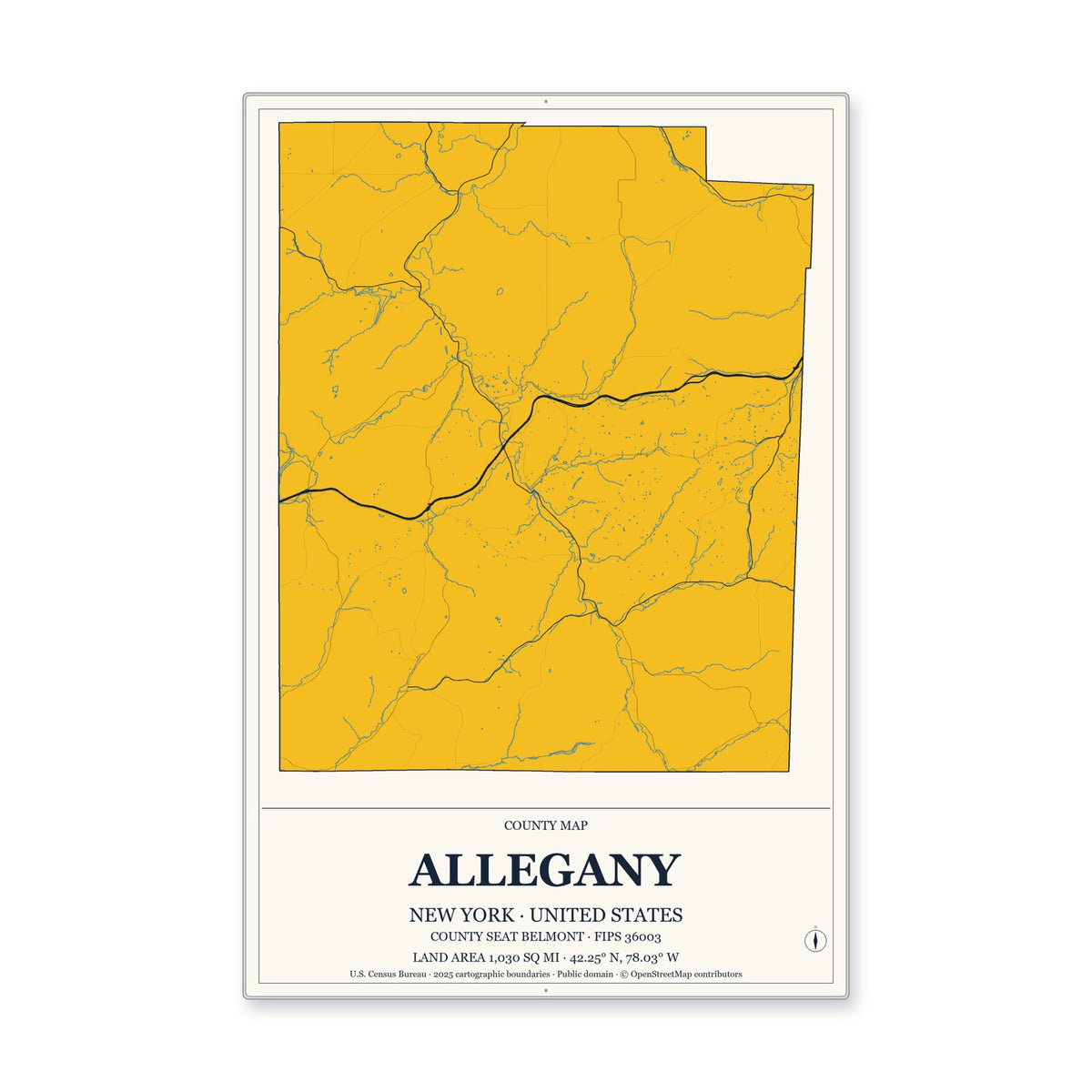 Allegany County, New York Map Aluminum Sign in Citrine Modern style