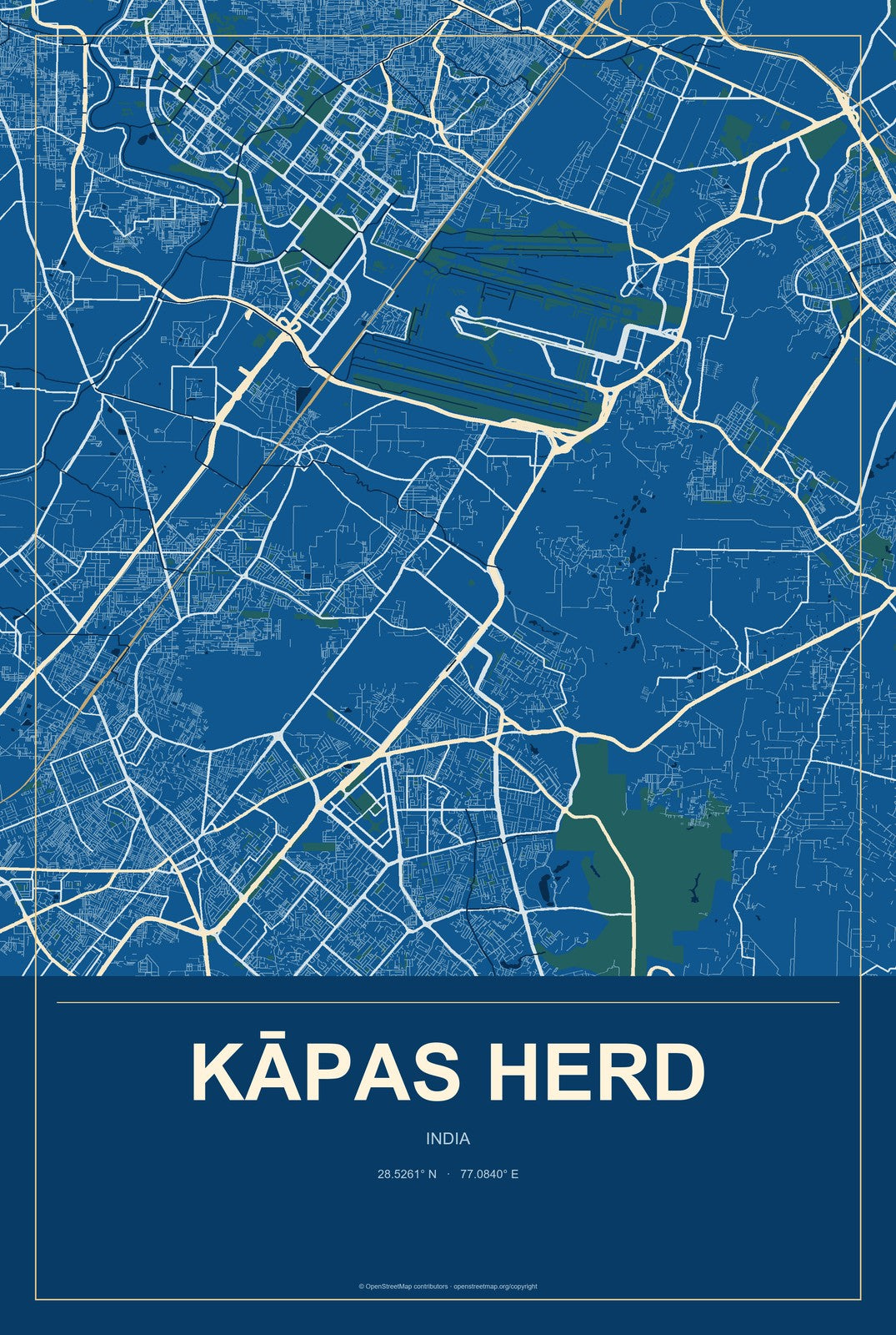 Kāpas Herd, India City Map Aluminum Sign in Harbor Cobalt style