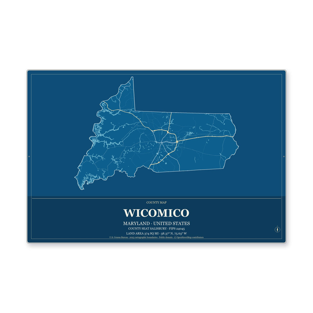 Wicomico County, Maryland Map Aluminum Sign in Harbor Cobalt style