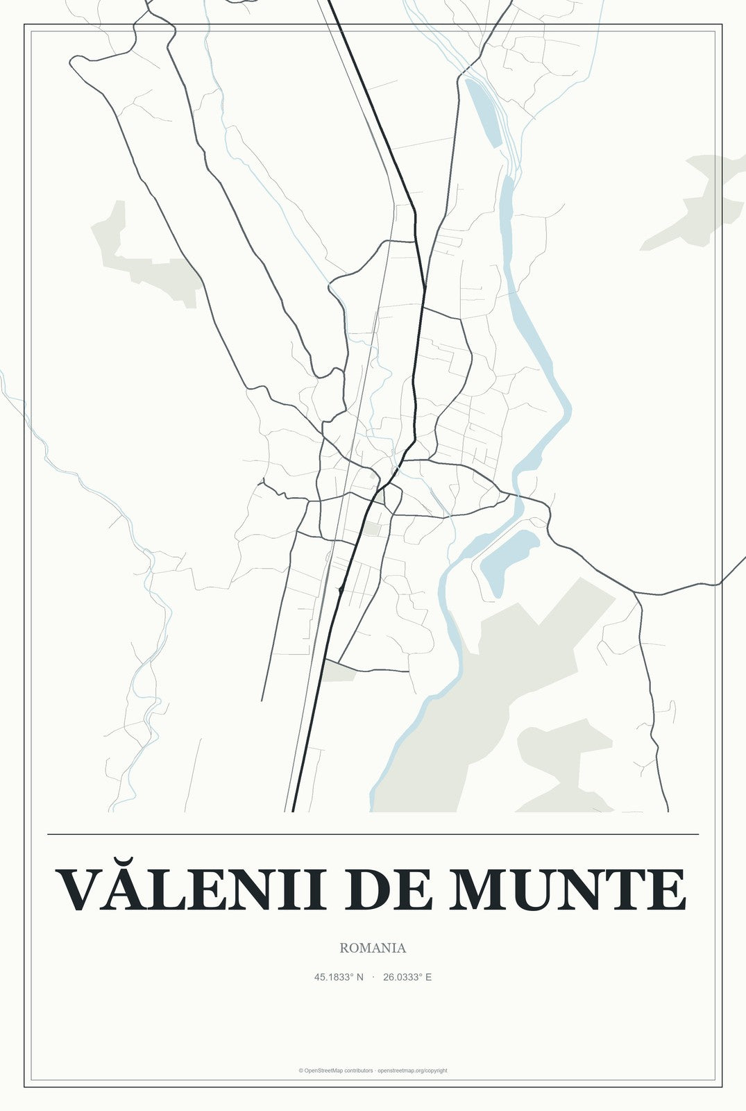 Vălenii de Munte, Romania City Map Aluminum Sign in Gallery Air style