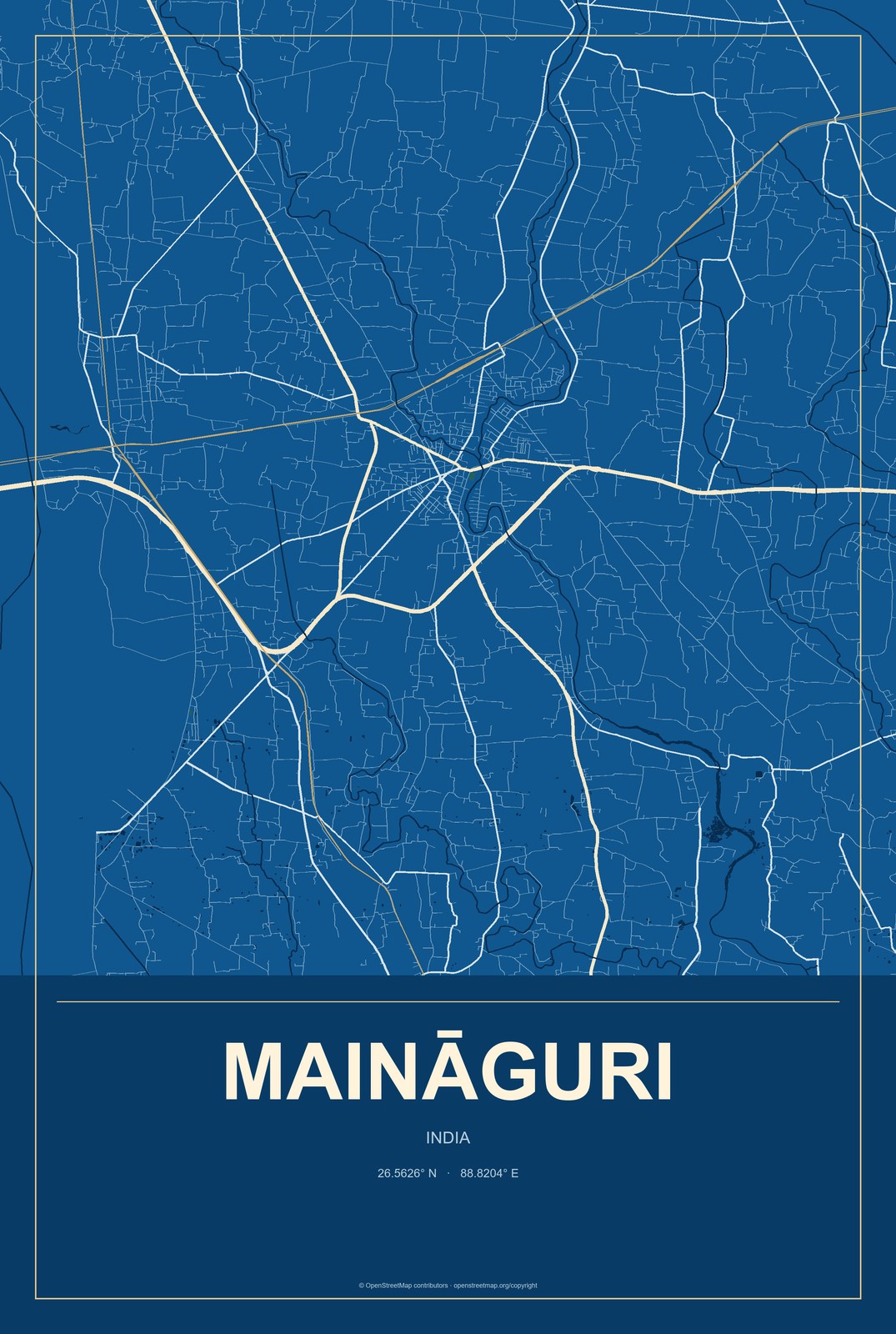 Maināguri, India City Map Aluminum Sign in Harbor Cobalt style