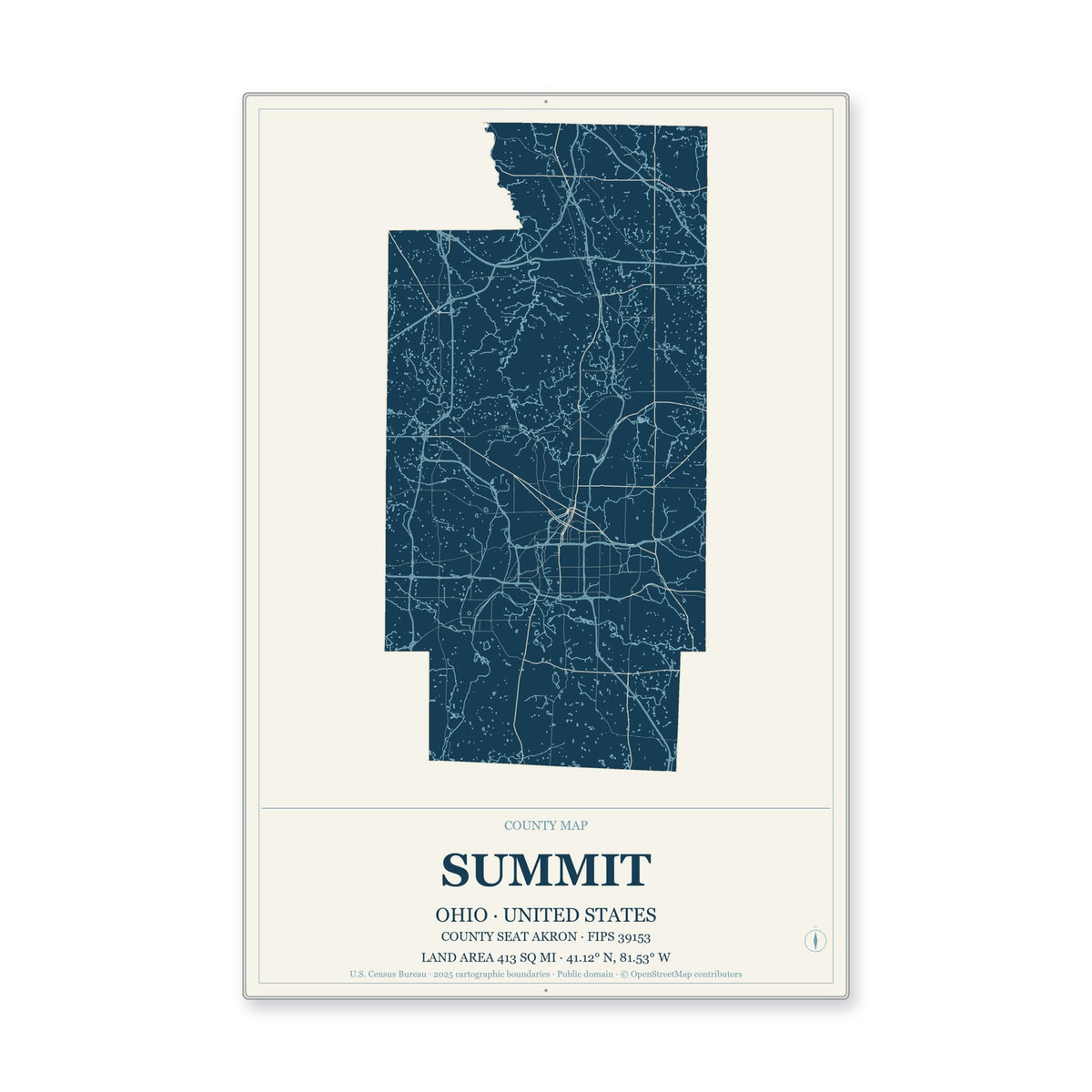 Summit County, Ohio Map Aluminum Sign in Coastal Cutout style
