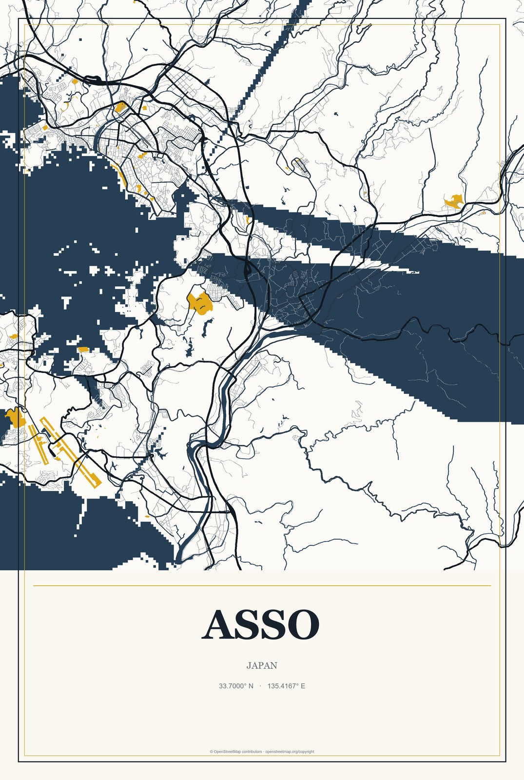 Asso, Japan City Map Aluminum Sign in Citrine Modern style