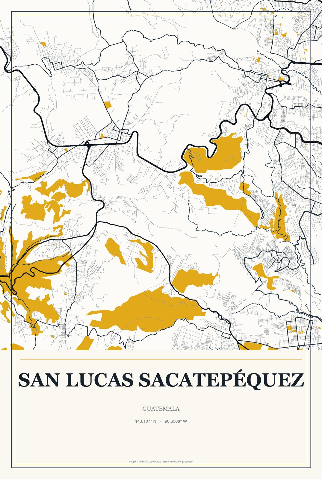 San Lucas Sacatepéquez, Guatemala City Map Aluminum Sign in Citrine Modern style
